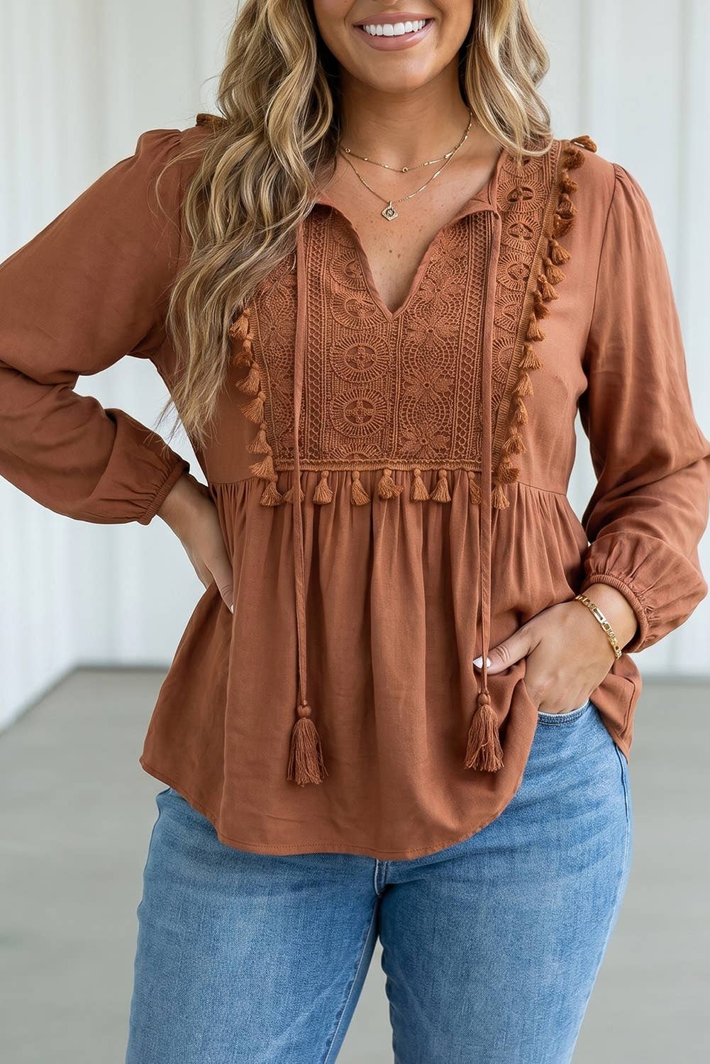 LA Society Las Boho Embroidered Knot Fringe Plus Size Blouse - Chestnut