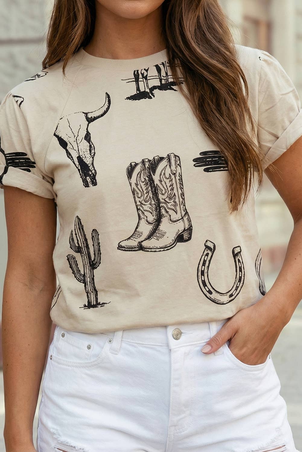 1 The Woman Western Cowboy Boot and Cactus Print Desert Aesthetic Tee - Beige