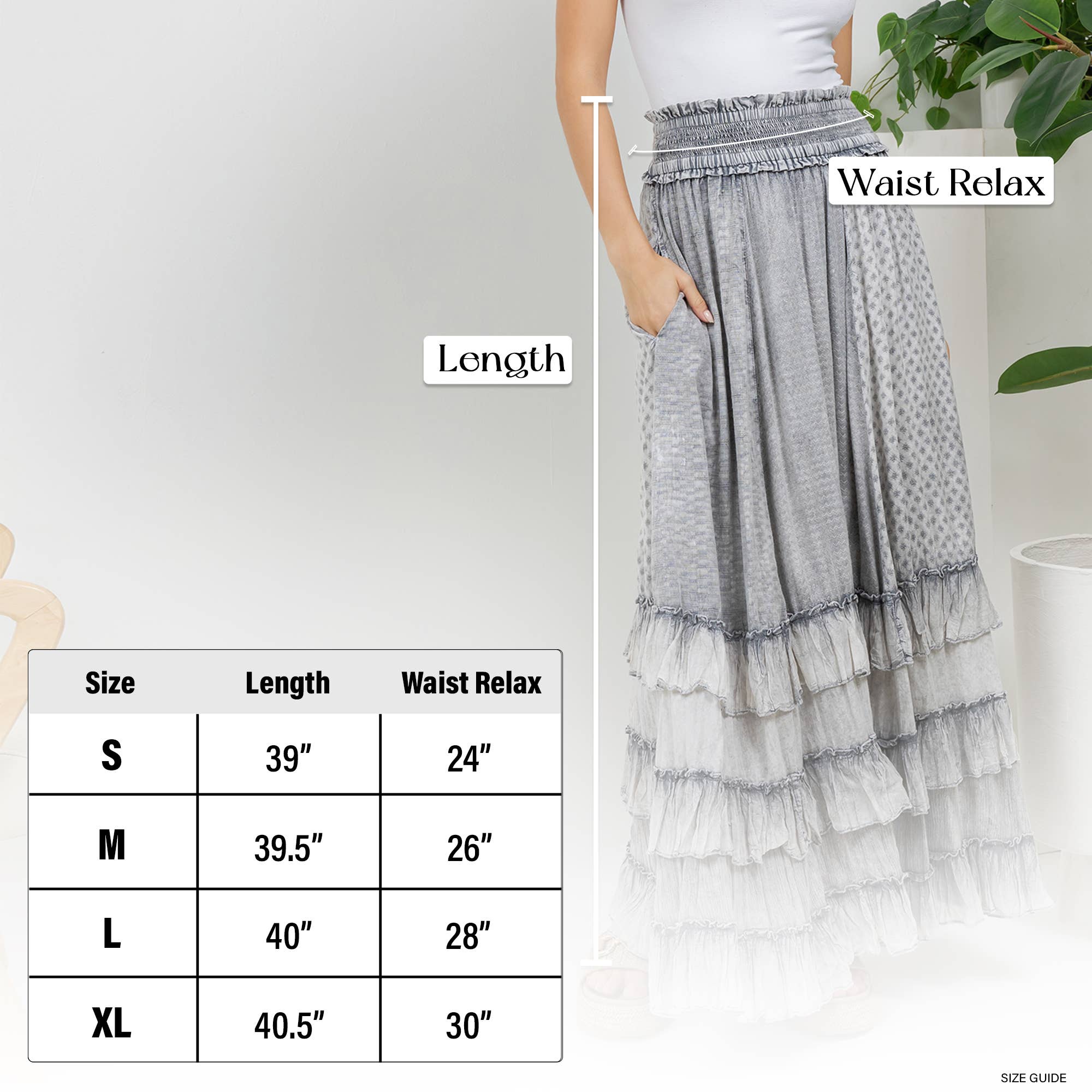 Young Threads Rustic Textured Smocked Waist Ruffled Tiered Maxi Skirt - Grey