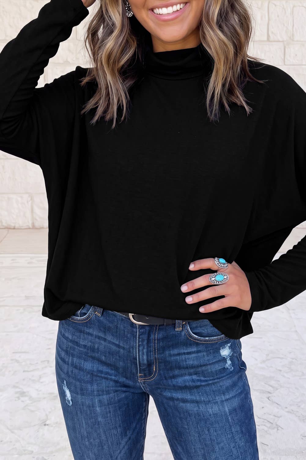 1 the Woman Oversized Mock Neck Long Sleeve Layering Basic Blouse - Black