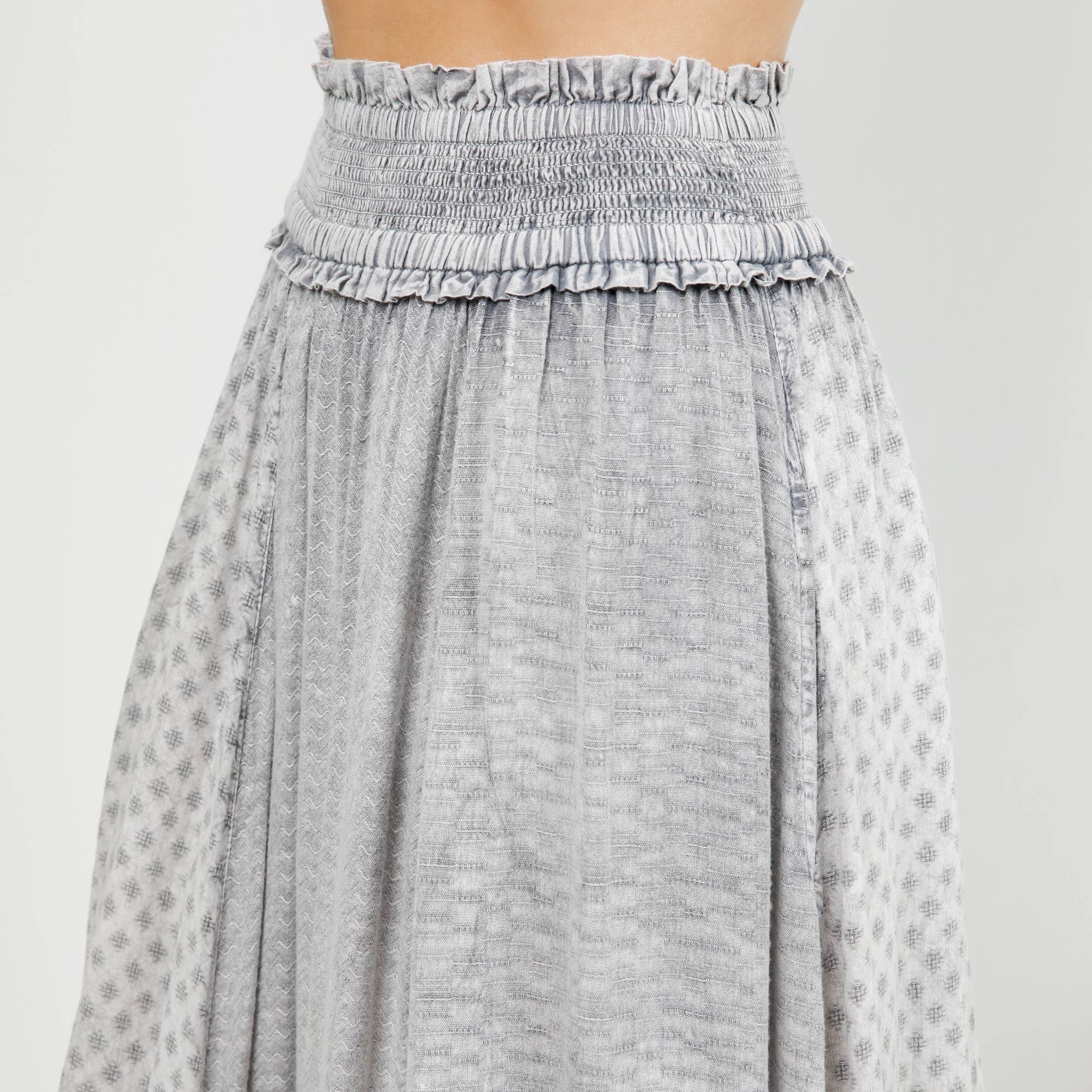 Young Threads Rustic Textured Smocked Waist Ruffled Tiered Maxi Skirt - Grey