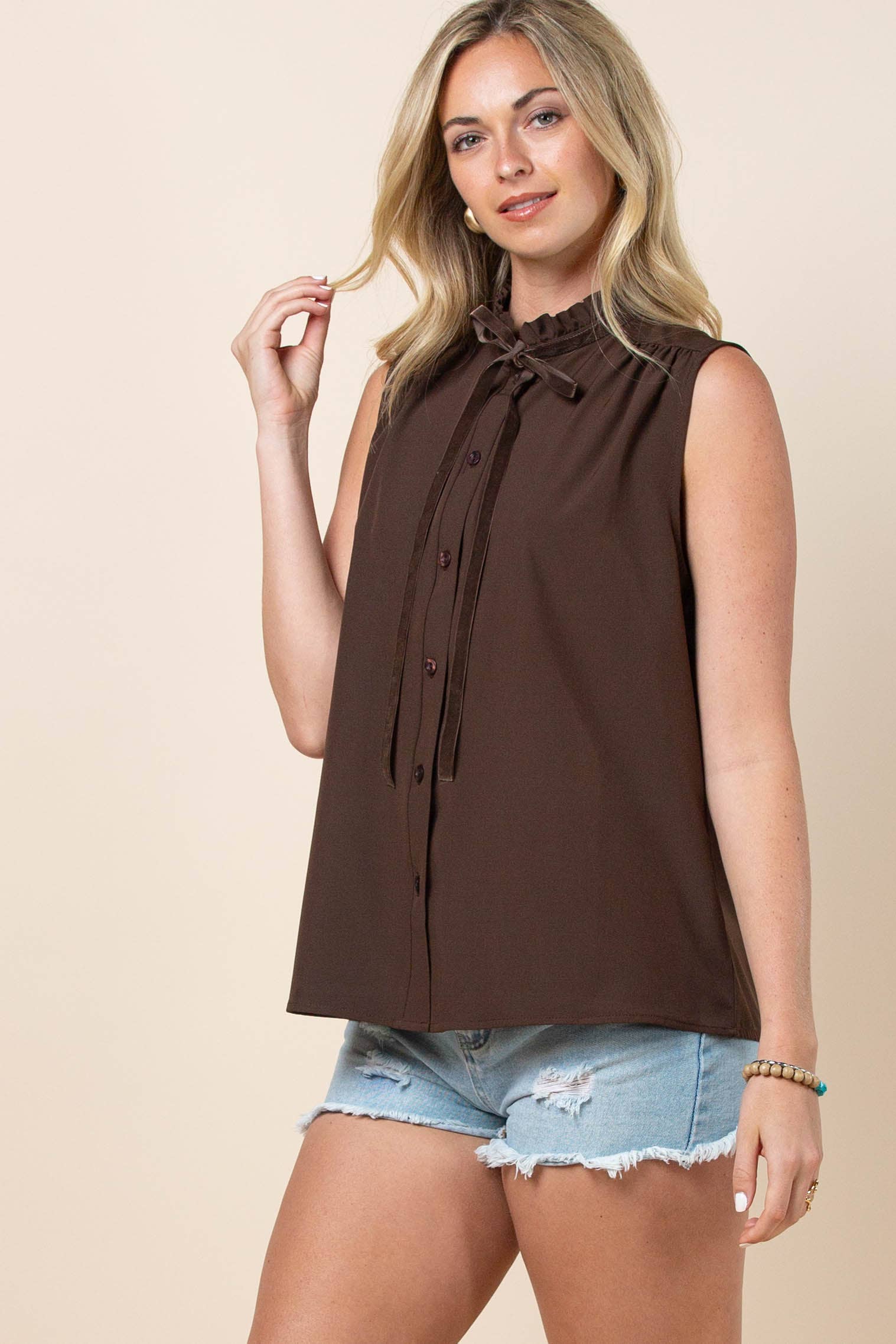 Avery Apparel Claire Solid Ruffled Collared Button-Down Blouse - Brown
