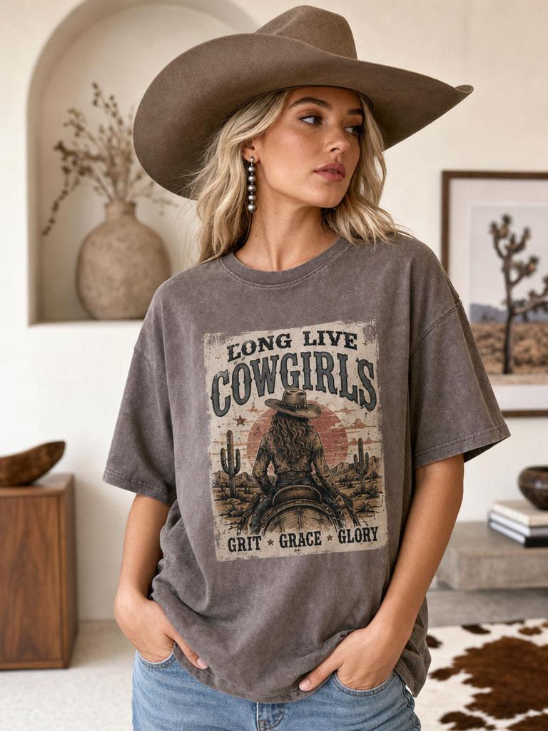 Avery Apparel Long Live Cowgirls Mineral Wash T-Shirt - Mocha