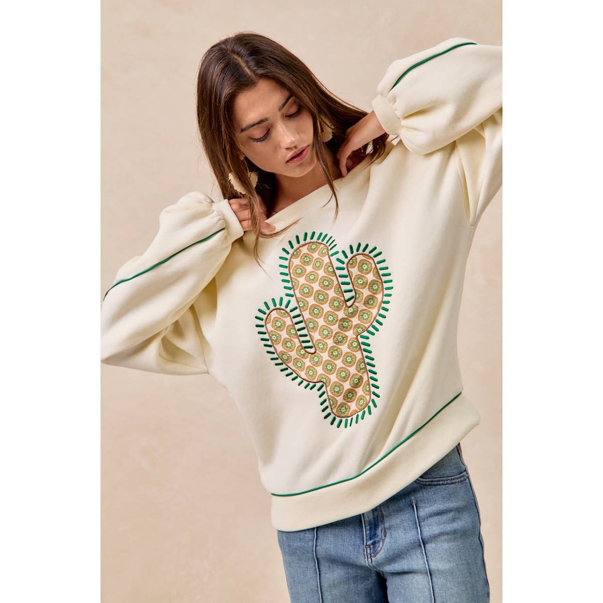 BiBi Cactus Embroidered Fleece Sweatshirt - Cream