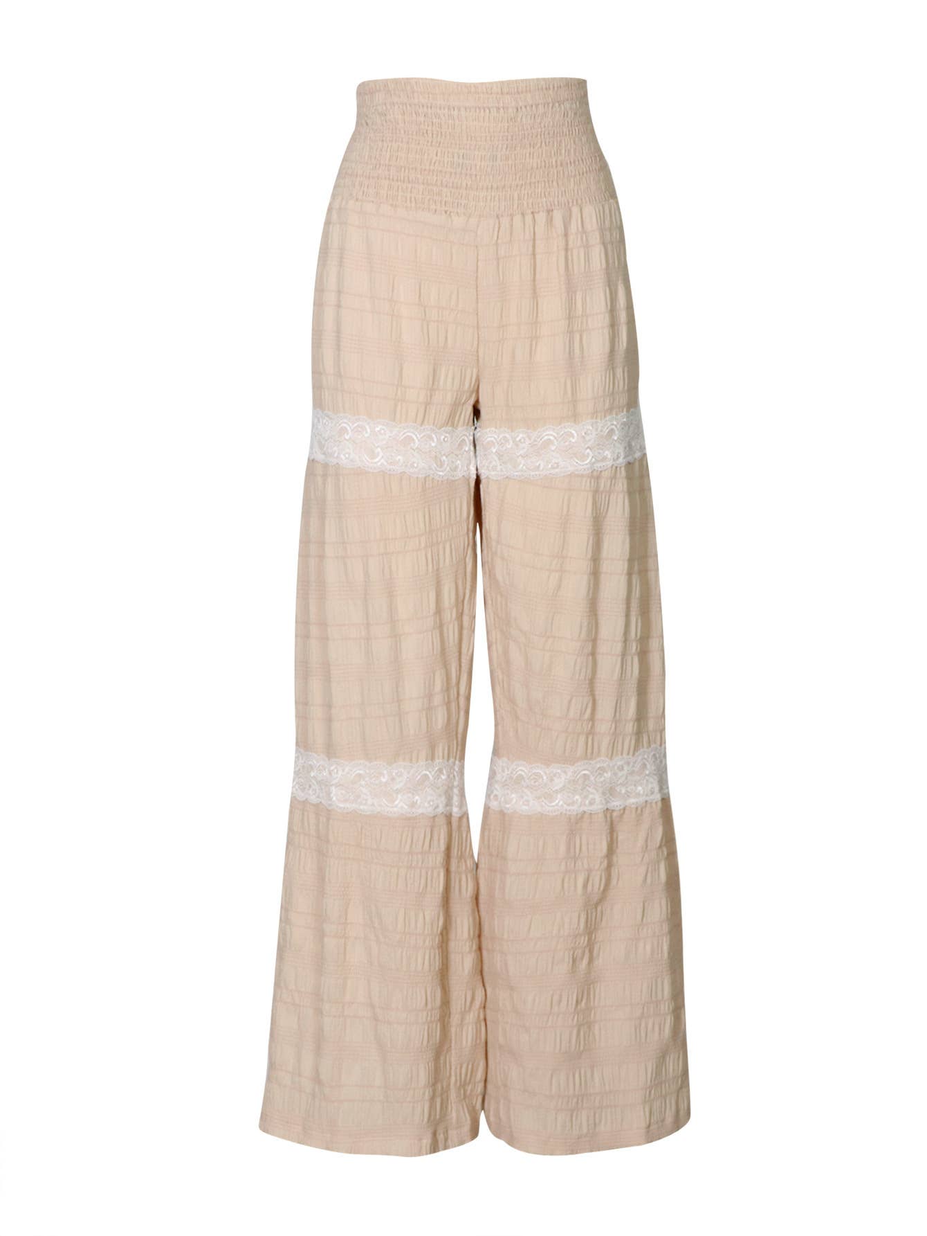 HIDDENBRAND Western High-Waist Elastic Pleated Lace Decor Pants - Apricot