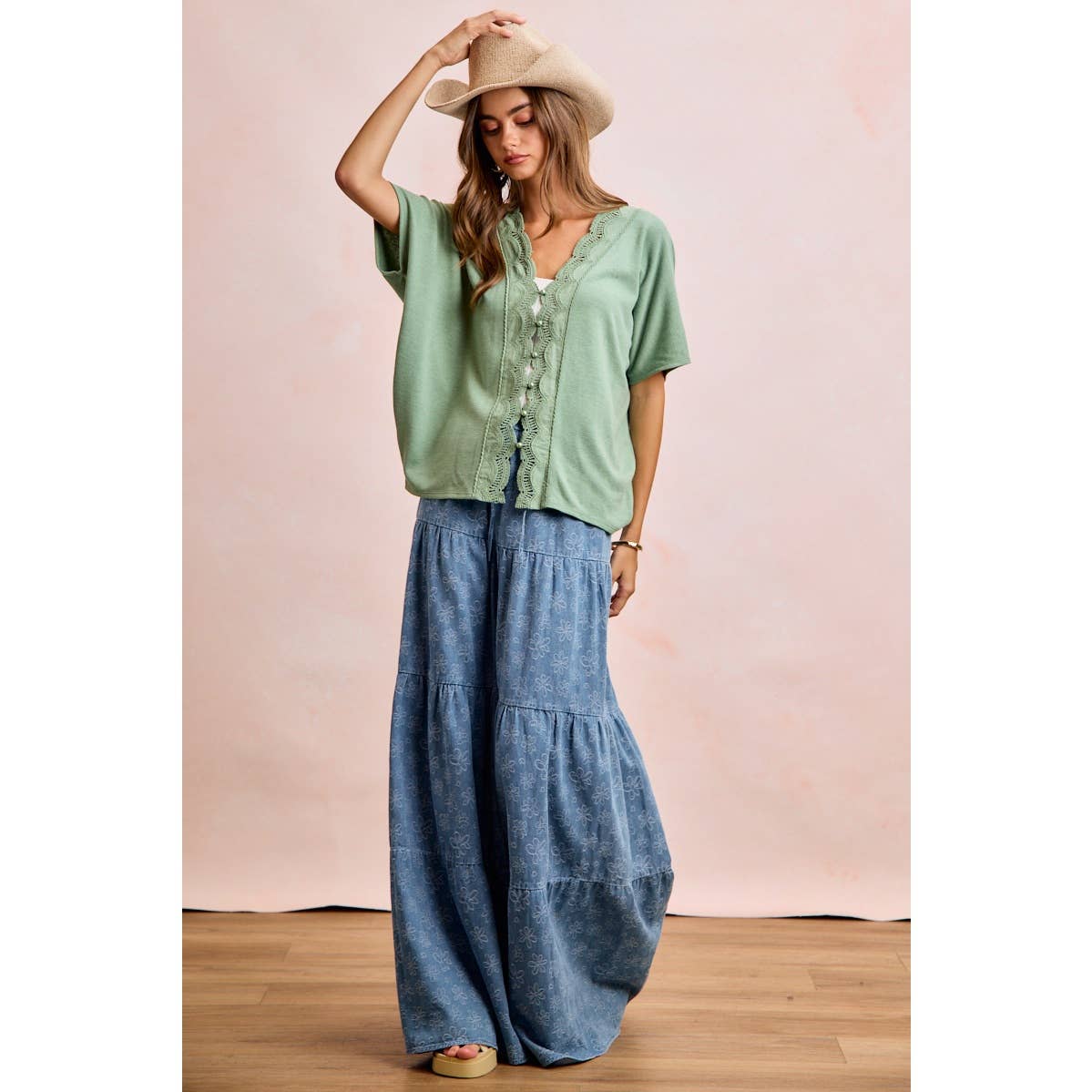 BiBi Floral Tiered Flare Denim Pants - Denim