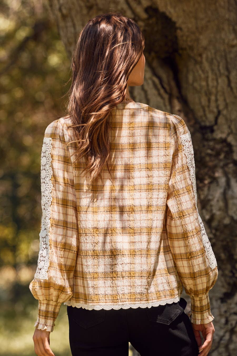 Oddi Plus Lace & Plaid Combo Long Sleeve Blouse - Sage Multi