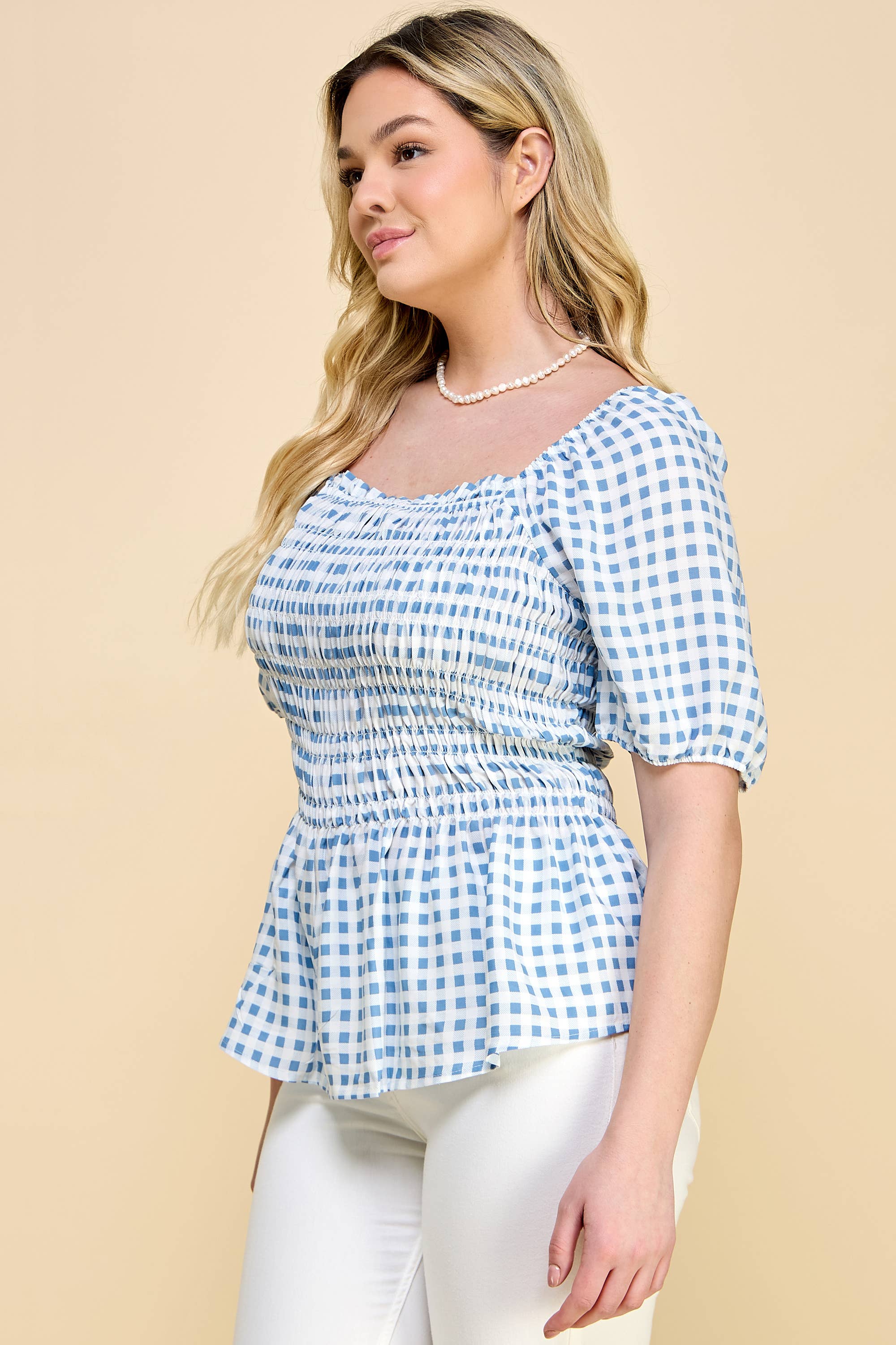 Winslow Collection Plus Size Puff Sleeve Smock Baby Doll Top - Ivory/Denim