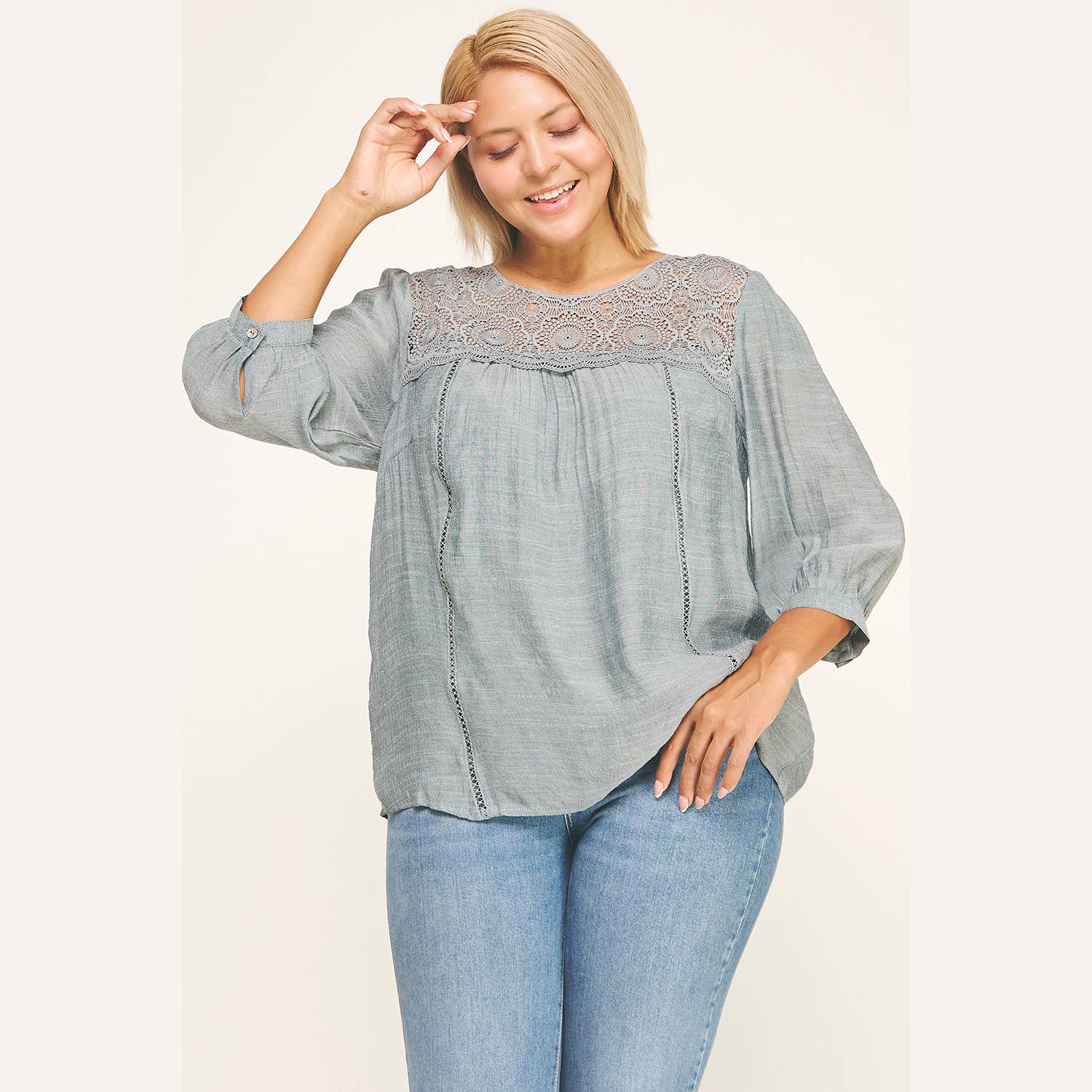 Winslow Collection Plus Size Solid Peasant Blouse w/ Applique Yoke - Denim