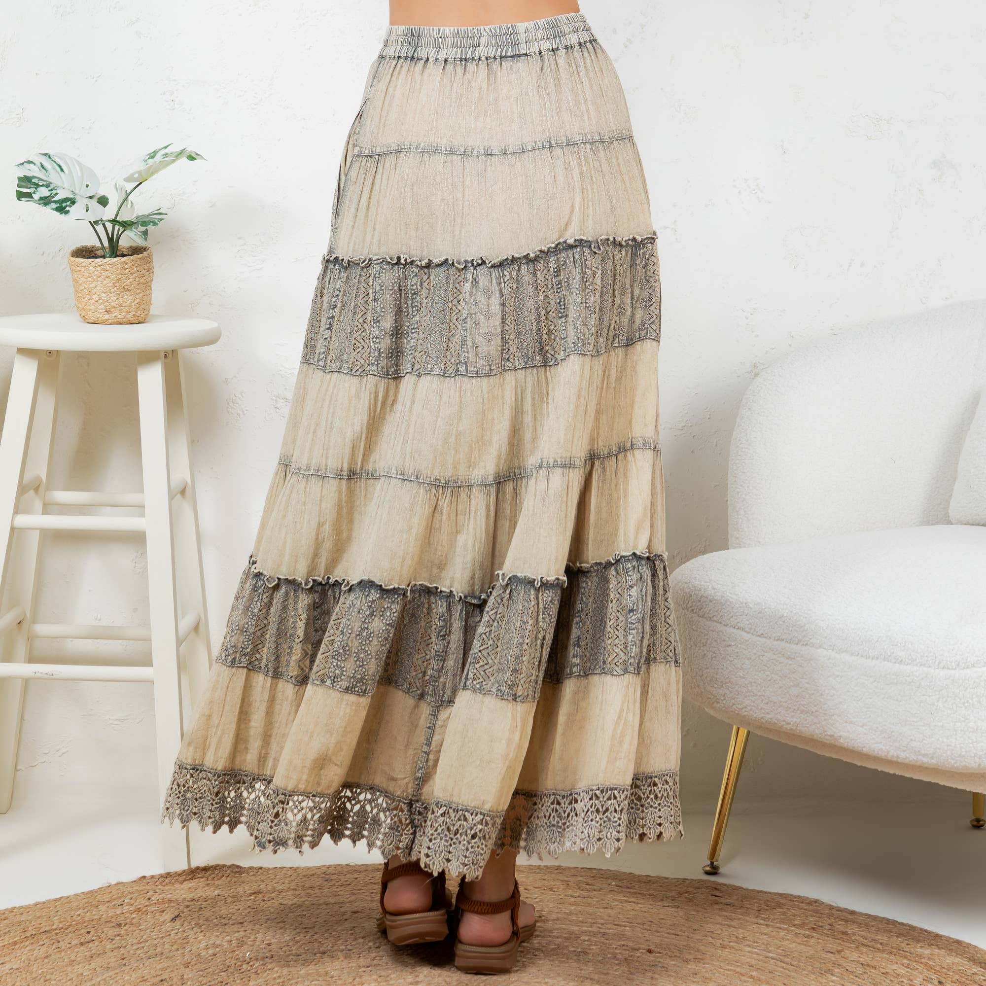 Young Threads 7 Tiered Crinkle Lace Patchwork Skirt with Pocket - Gravel