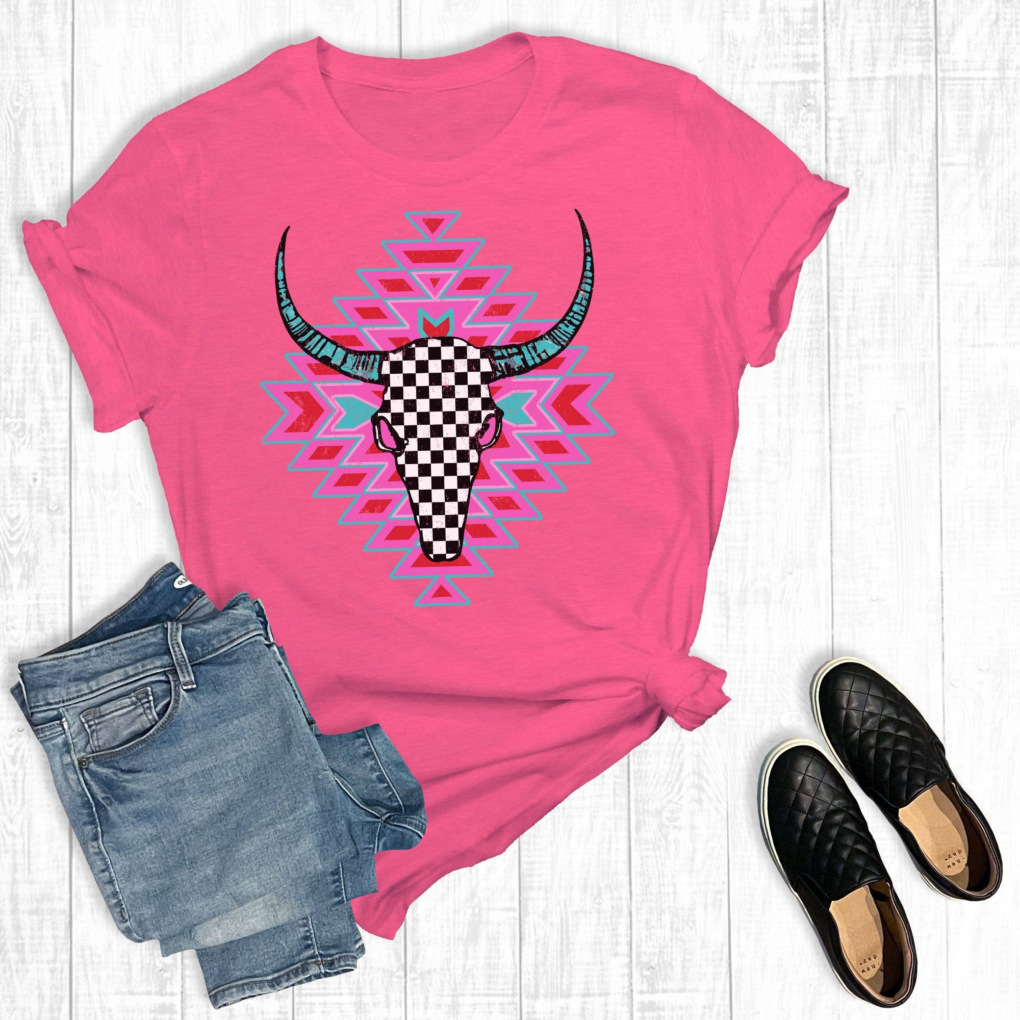 Rebel Rose Western Aztec Bull  Hot Pink Graphic T-Shirt - Pink