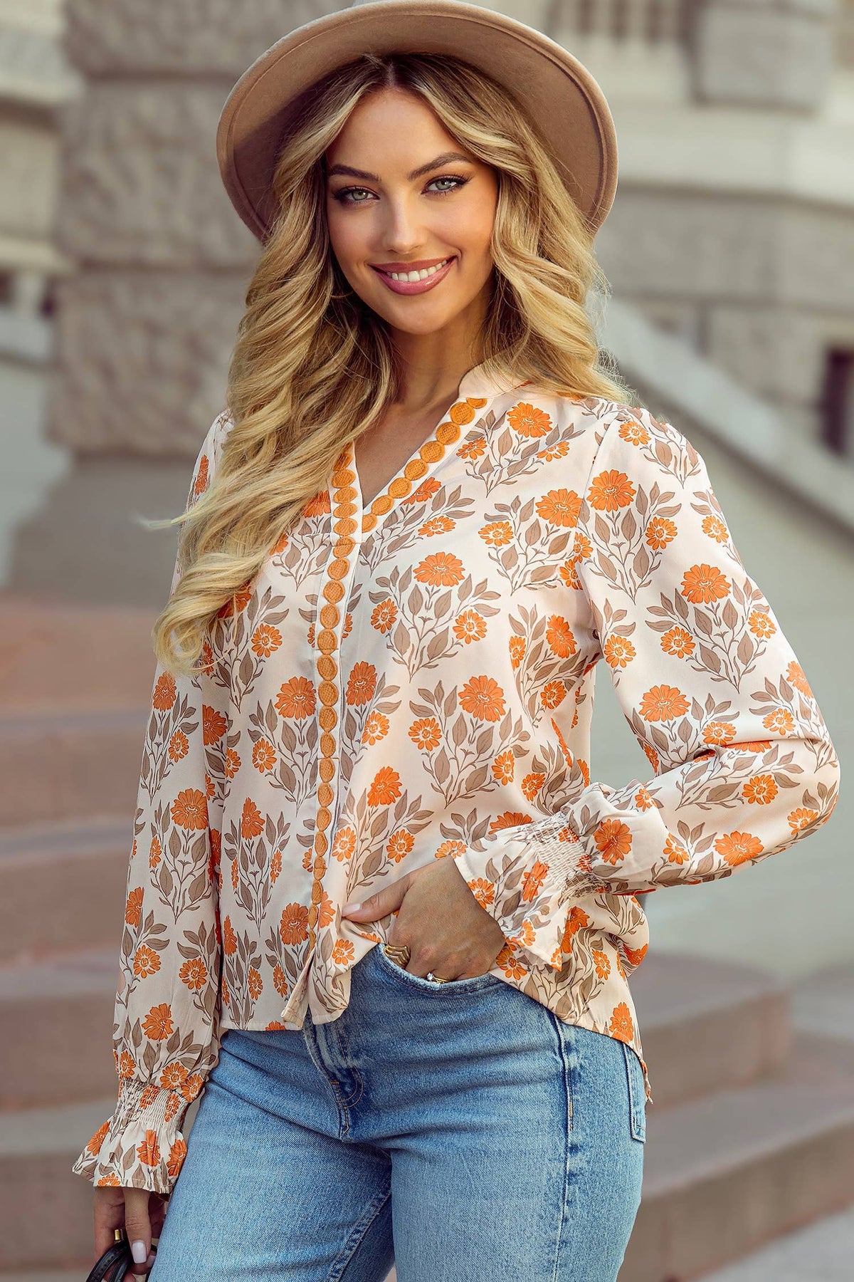 1 the Woman Floral Print V Neck Long Sleeve Casual Shift Blouse - Orange