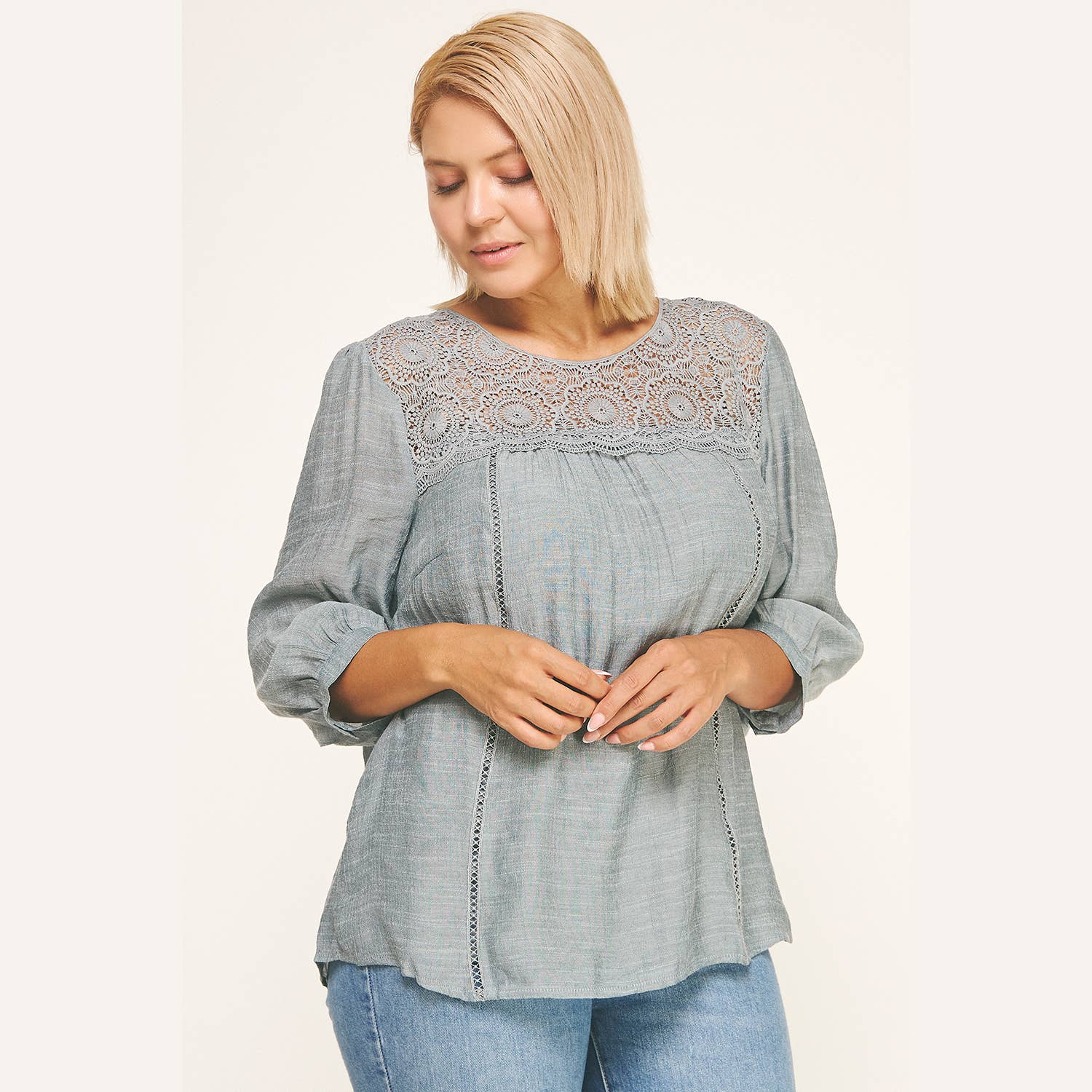 Winslow Collection Plus Size Solid Peasant Blouse w/ Applique Yoke - Denim