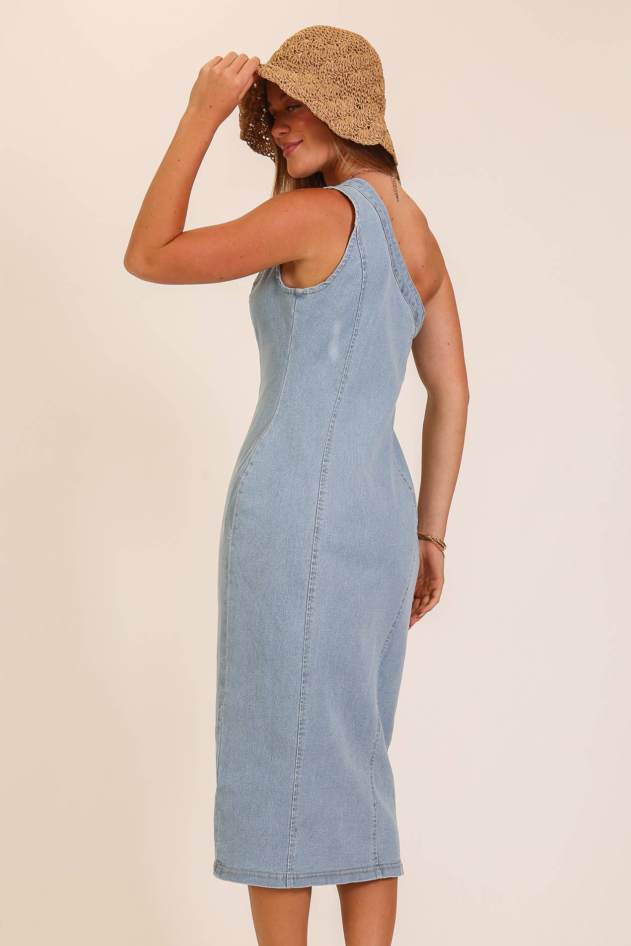 TIMING Stretchy Denim One Shoulder Midi Dress - Light Denim