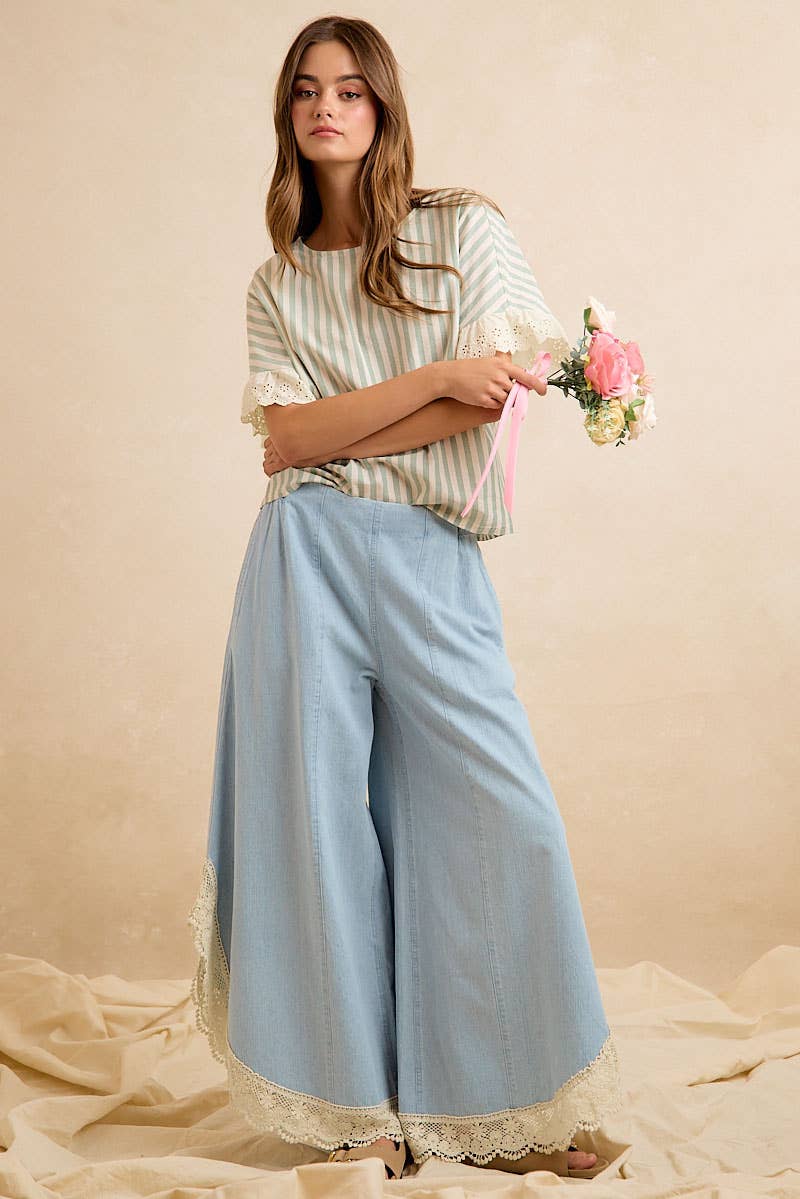 BiBi Wide Leg Crochet Lace with Tulip Hem Jeans - Denim