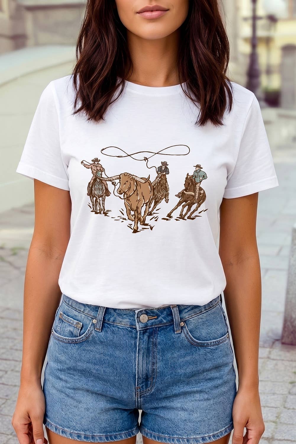 1 the Woman Retro Cowboy Roping Cotton Blend Graphic Tee - White