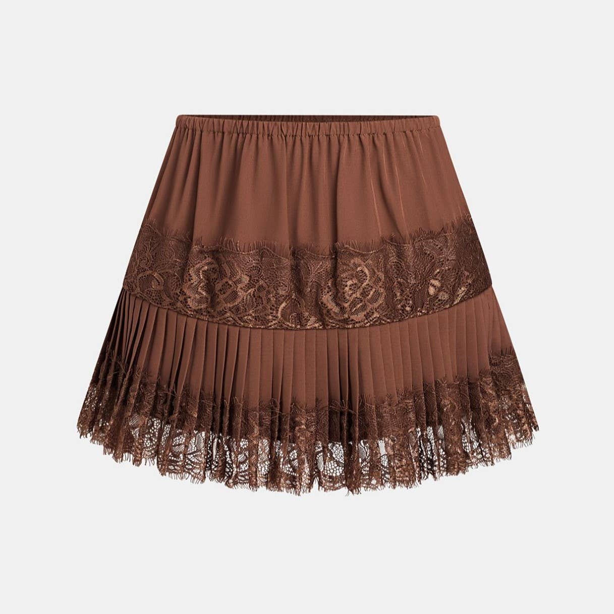 Rosa Clothing High-Rise Pleated Ruffles Mini Lace Skirt - Coffee