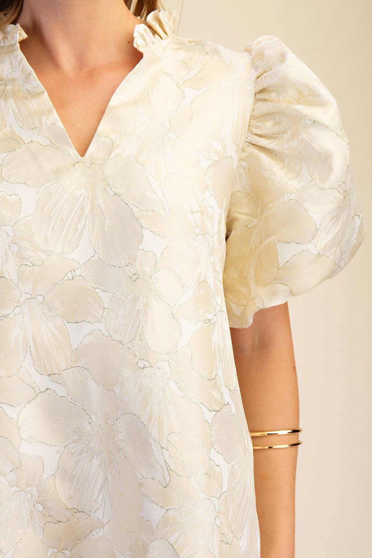 Glam Ruffle V-Neck Puff Sleeve Mini Dress - Champagne