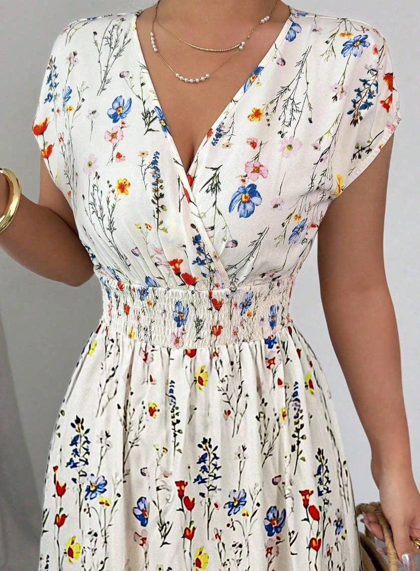 HIDDENBRAND Smocked Waist Cap Sleeve Floral Print Maxi Dress -Beige