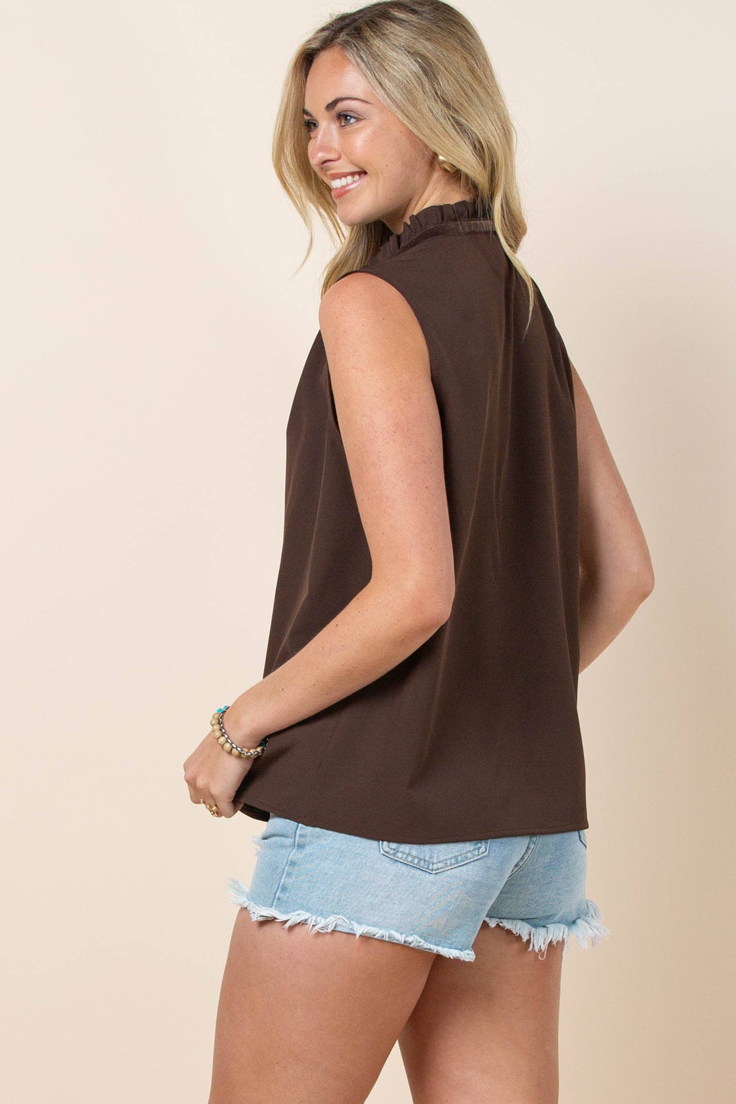 Avery Apparel Claire Solid Ruffled Collared Button-Down Blouse - Brown