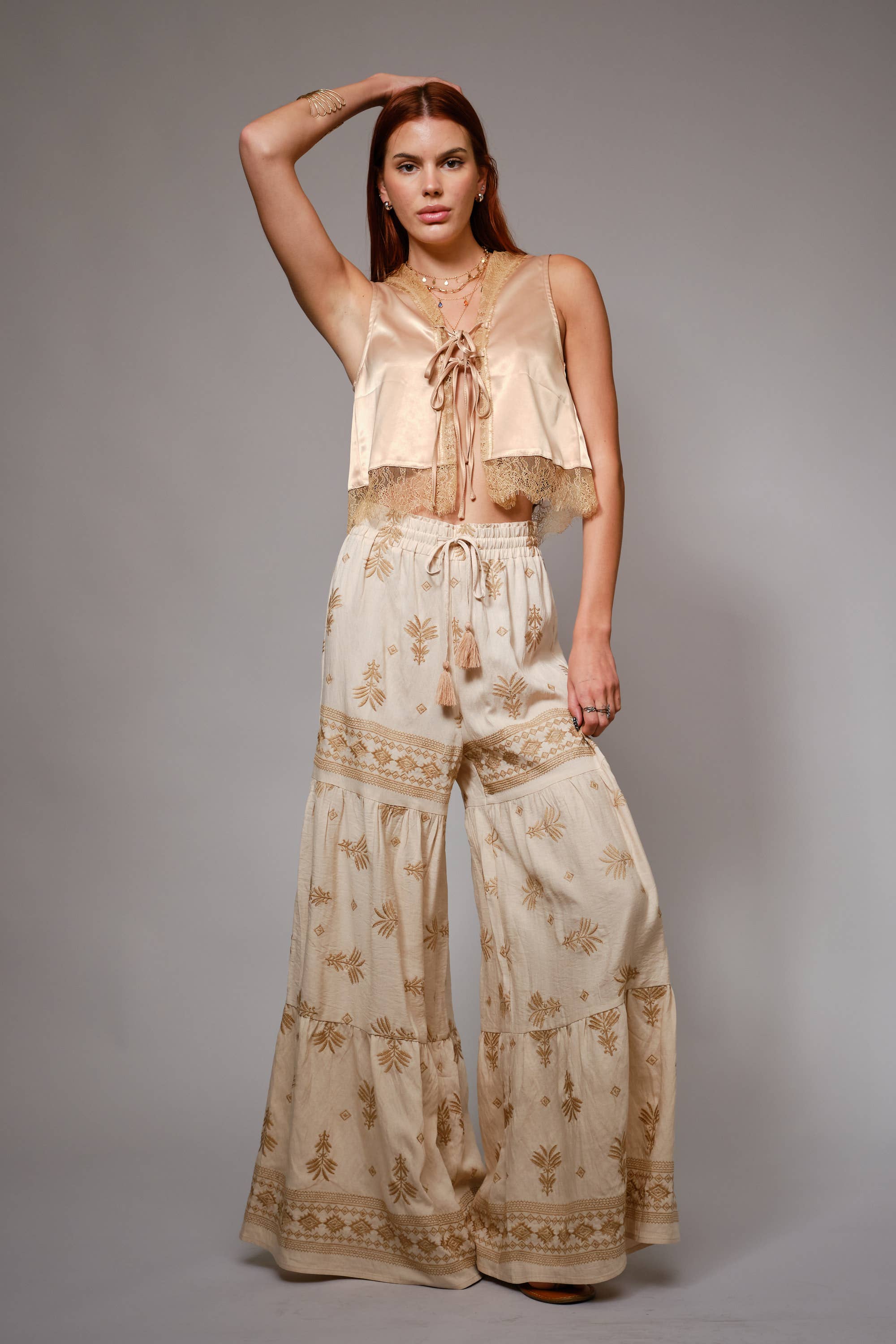 Blue B Embroidered Tassel Tie Front Tiered Palazzo Pants - Beige