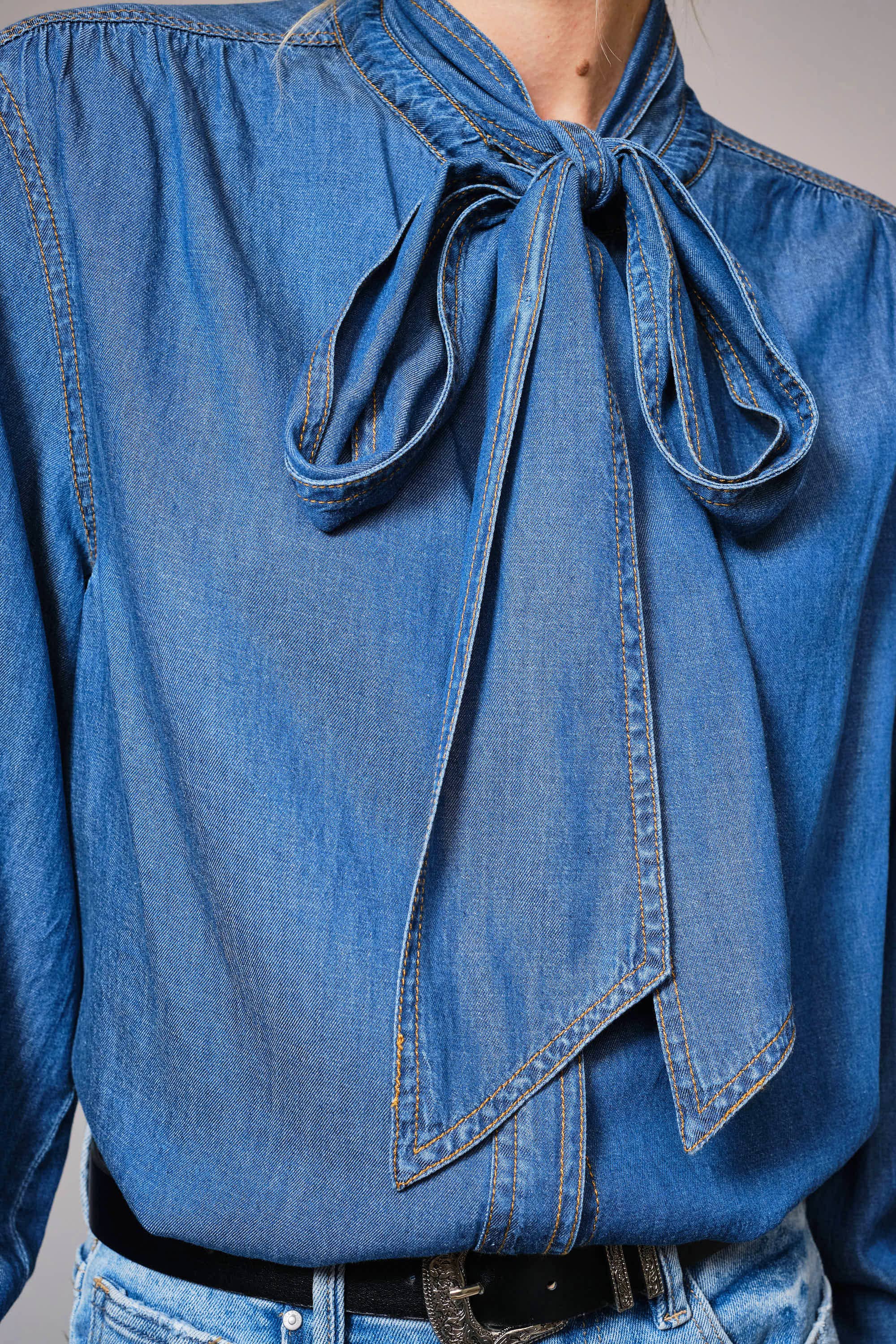 Blue B Cotton Tencel Blend Tie Neck Hidden Button Up Chambray Blouse - Medium Wash