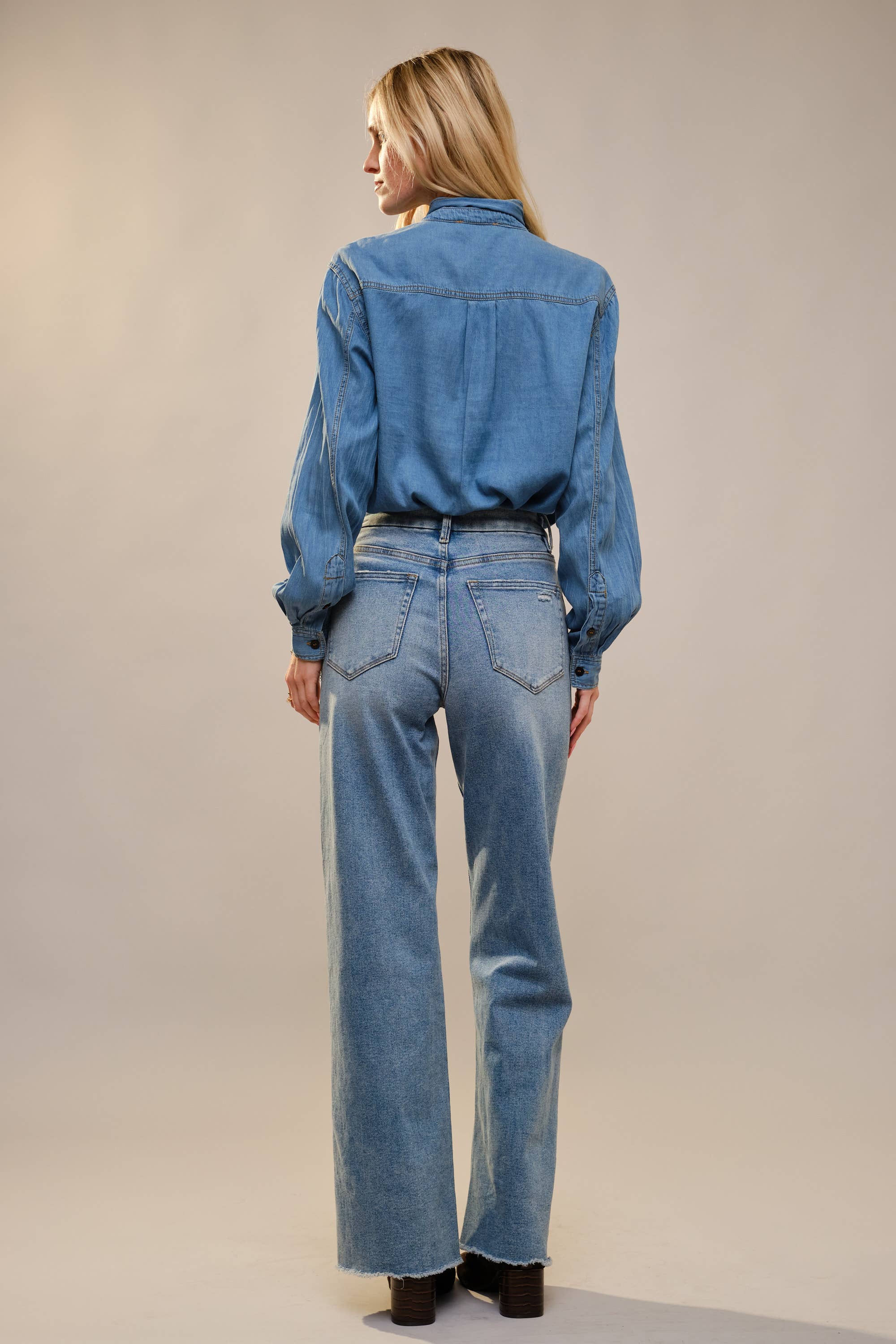 Blue B Cotton Tencel Blend Tie Neck Hidden Button Up Chambray Blouse - Medium Wash
