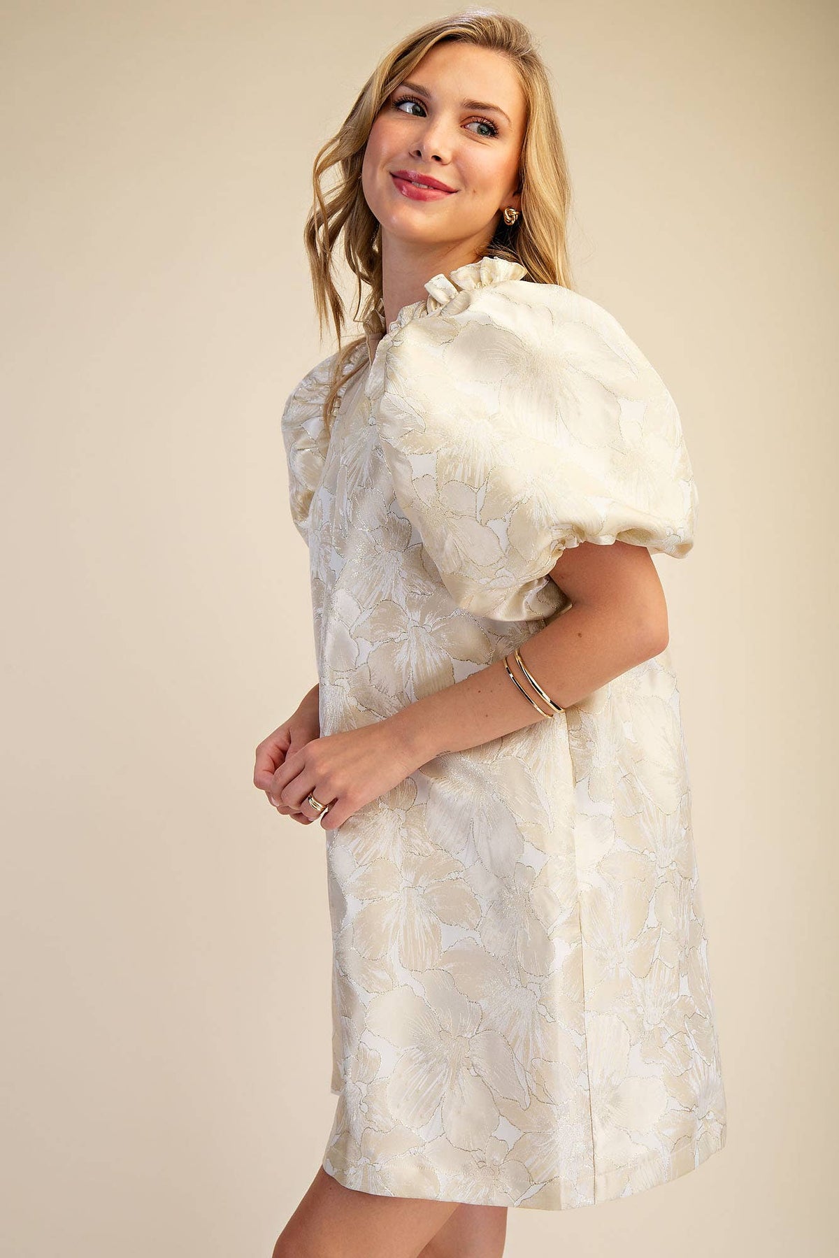 Glam Ruffle V-Neck Puff Sleeve Mini Dress - Champagne