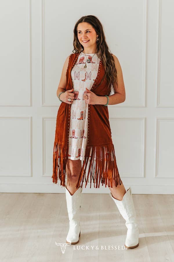 Lucky & Blessed Brown Stretch Suede Gold Vintage Studded Fringe Hem Vest