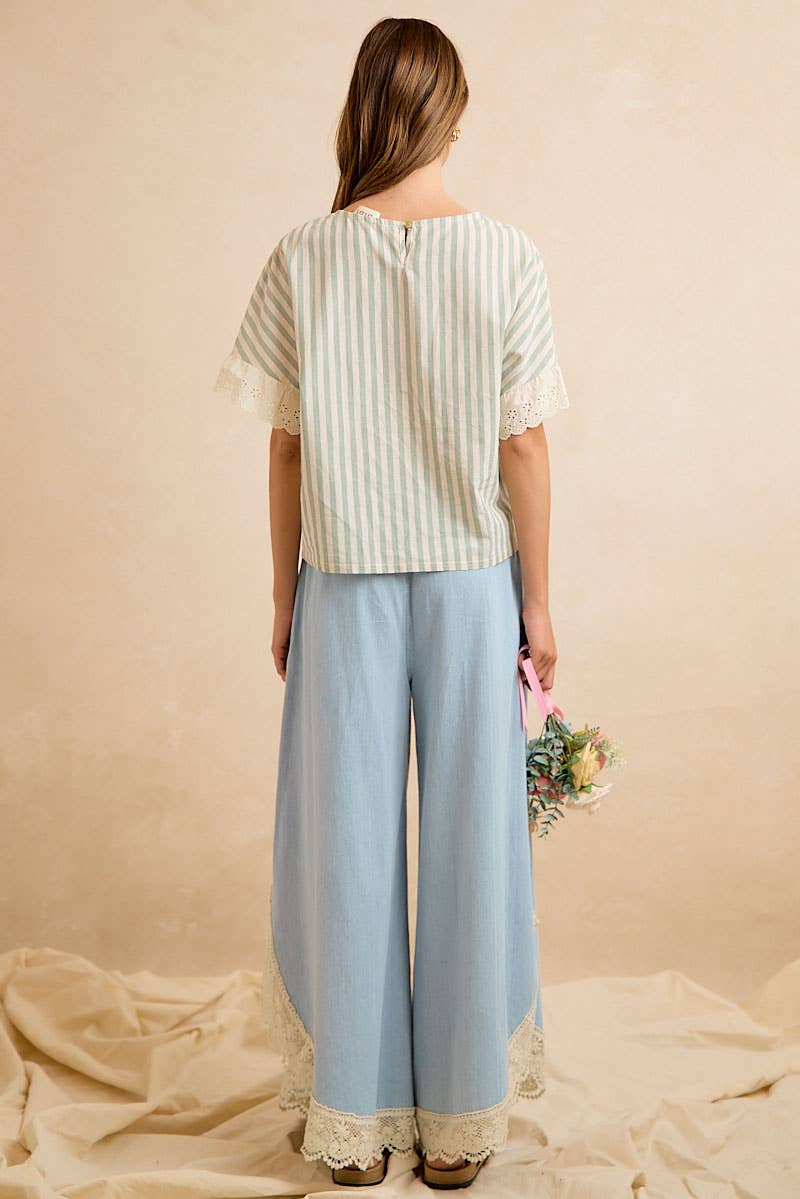 BiBi Wide Leg Crochet Lace with Tulip Hem Jeans - Denim