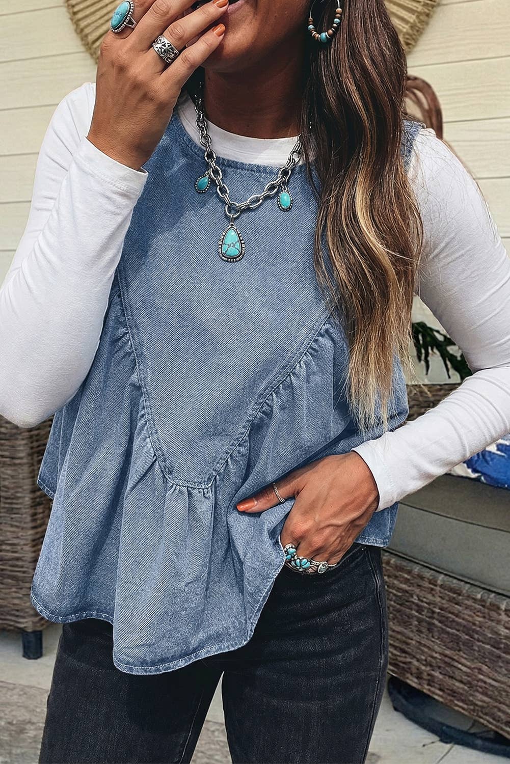 Evela Denim Pleated Patchwork Sleeveless Top - Myosotis