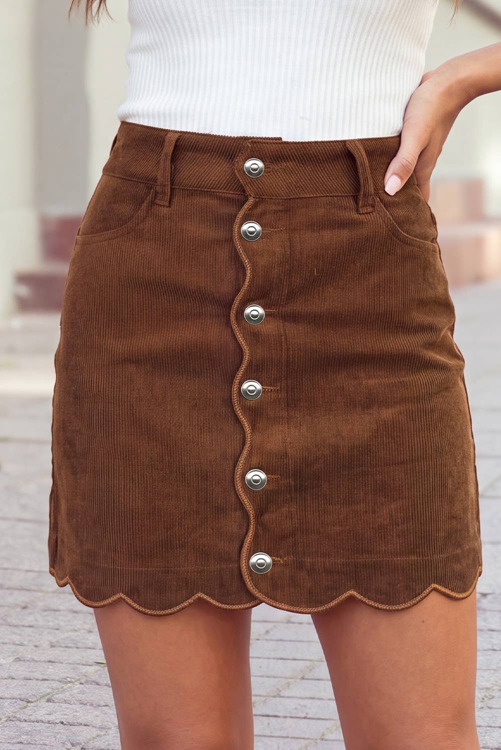1 the Woman Button Front Corduroy Mini Pockets Sheath Silhouette Skirt - Coffee