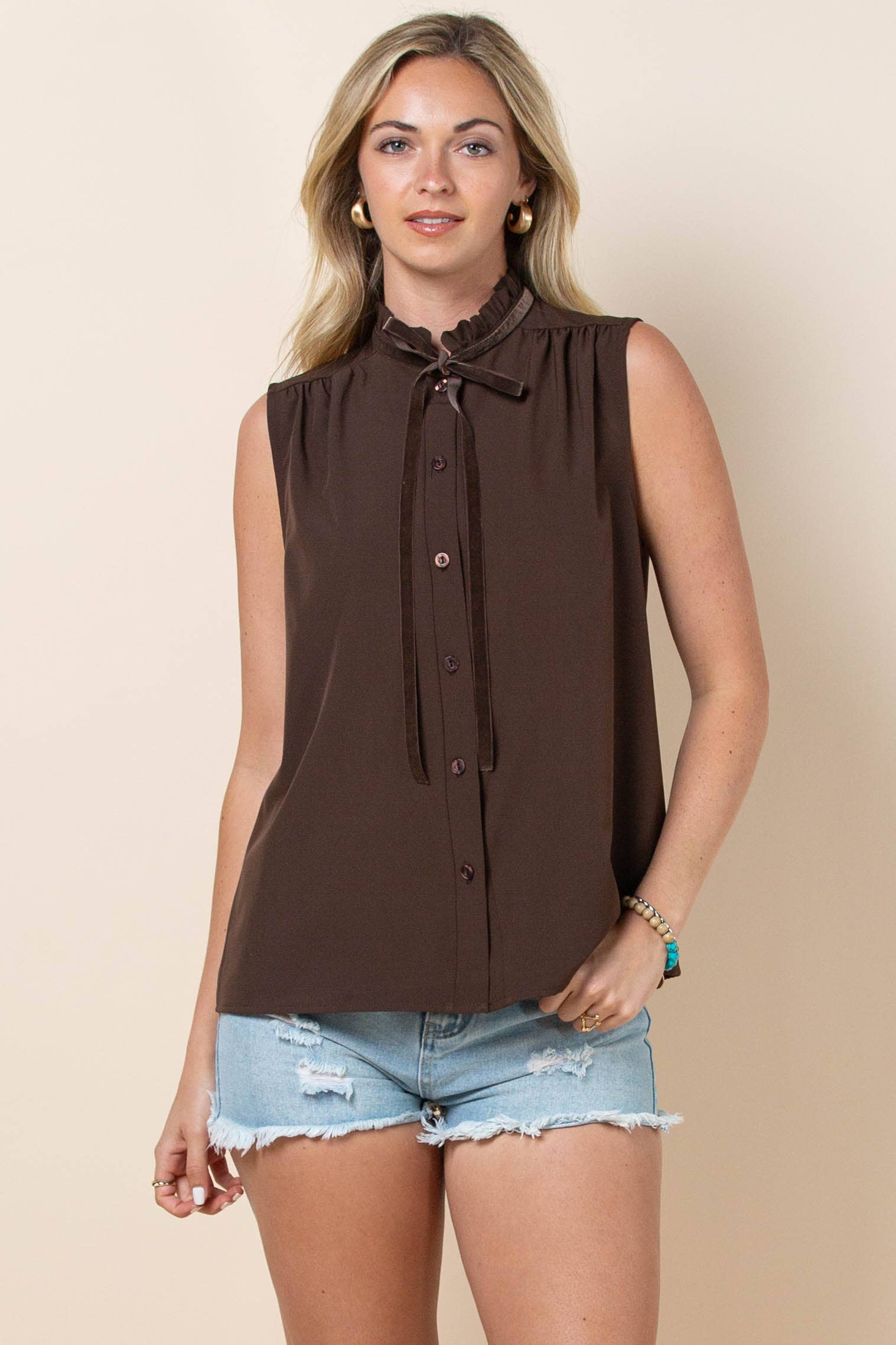 Avery Apparel Claire Solid Ruffled Collared Button-Down Blouse - Brown