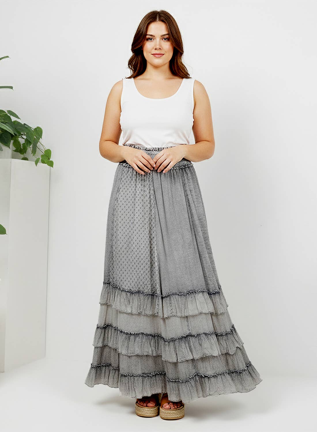 Young Threads Rustic Textured Smocked Waist Ruffled Tiered Maxi Skirt - Grey