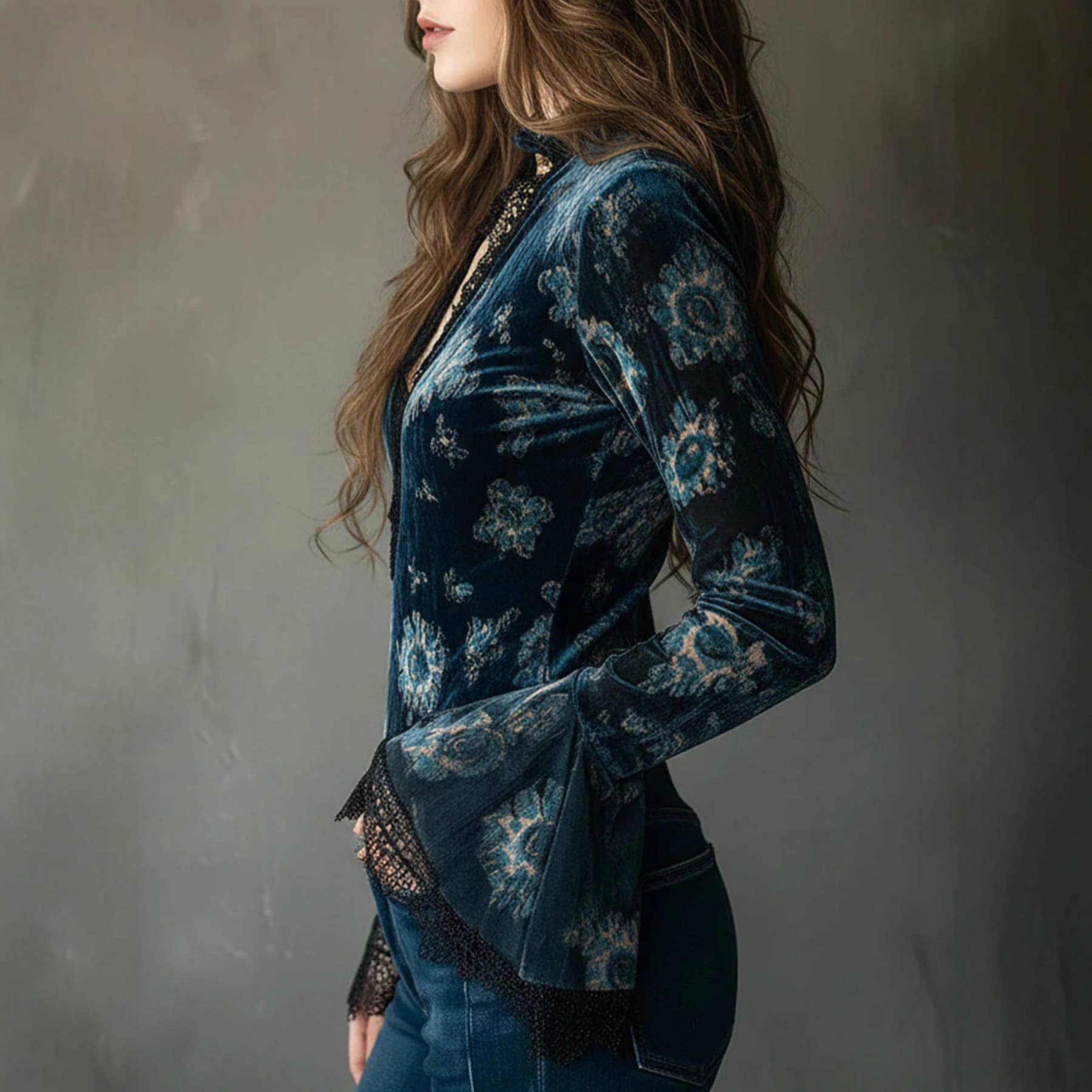 Rosa Clothing Floral Lace Trim Long Sleeve Blouse - Navy