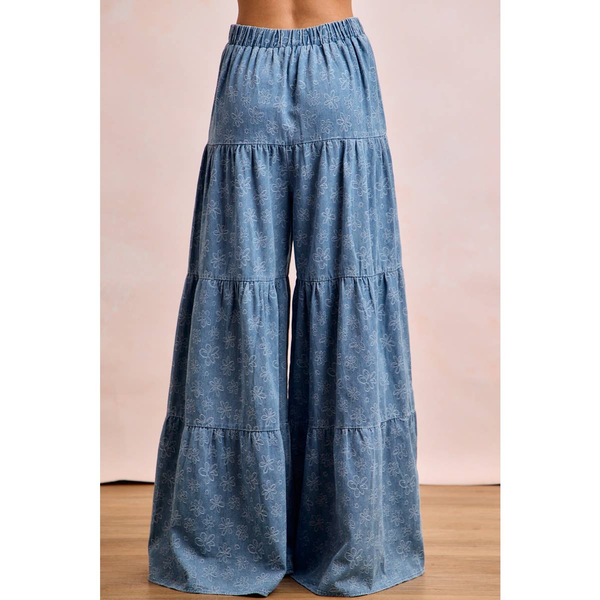 BiBi Floral Tiered Flare Denim Pants - Denim