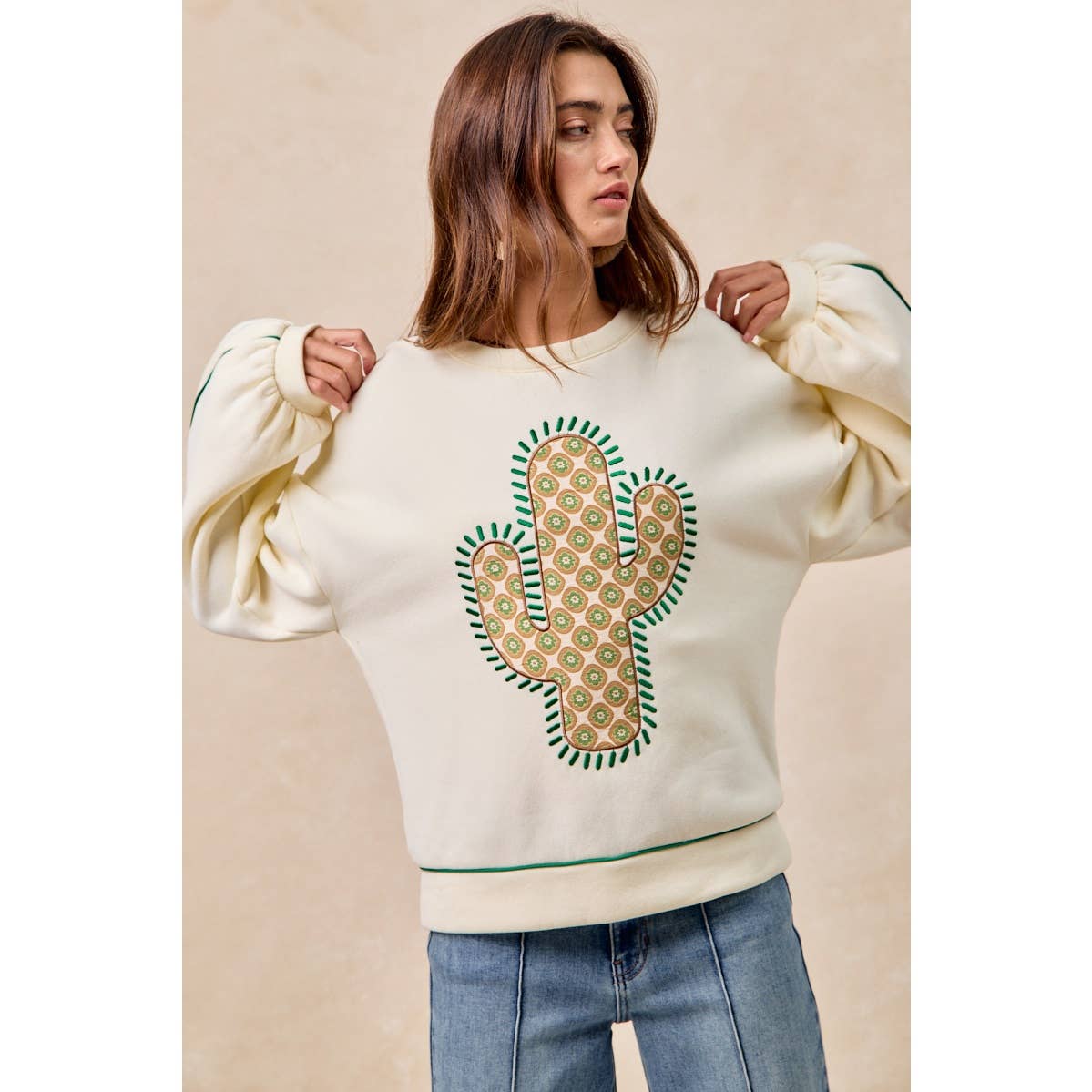 BiBi Cactus Embroidered Fleece Sweatshirt - Cream