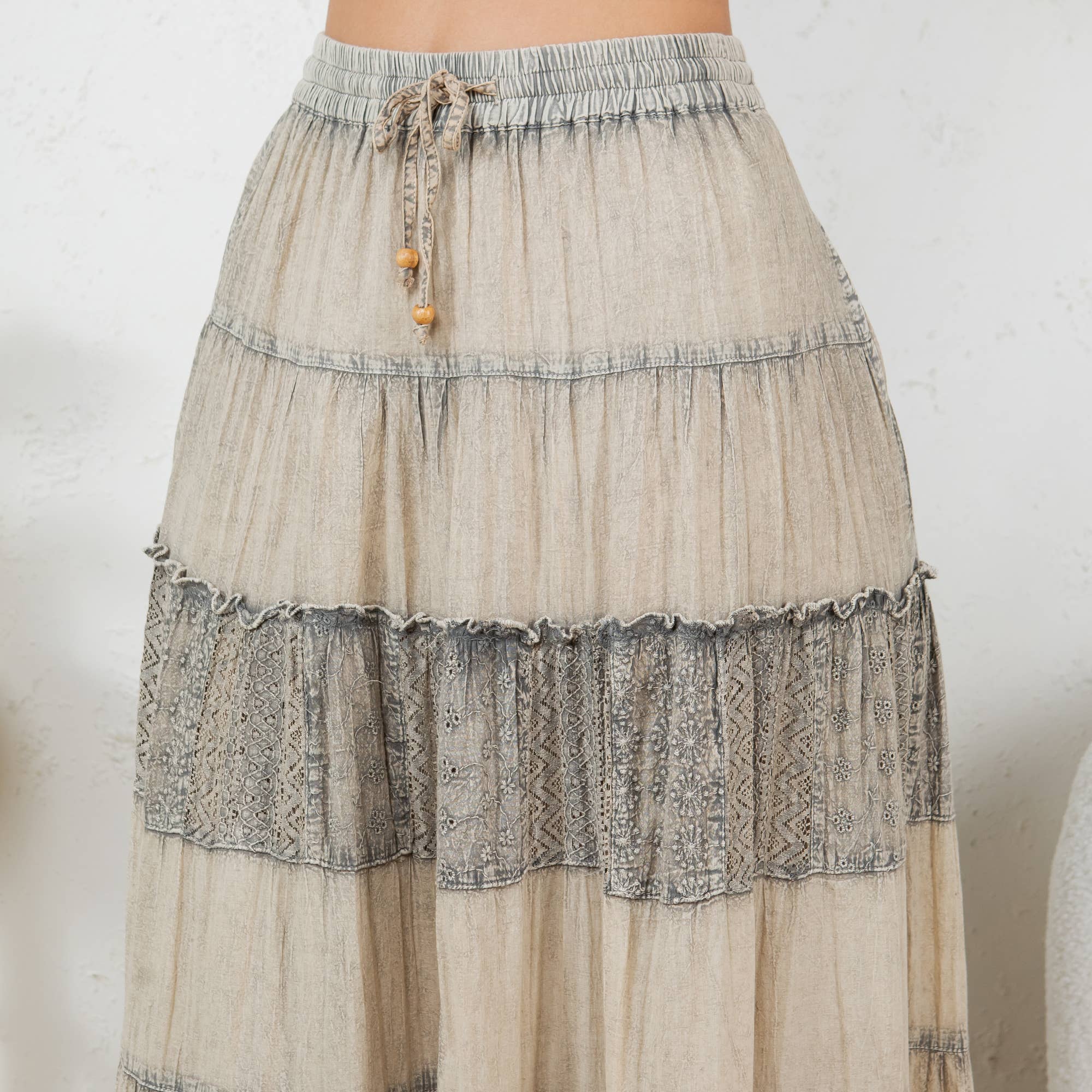 Young Threads 7 Tiered Crinkle Lace Patchwork Skirt with Pocket - Gravel