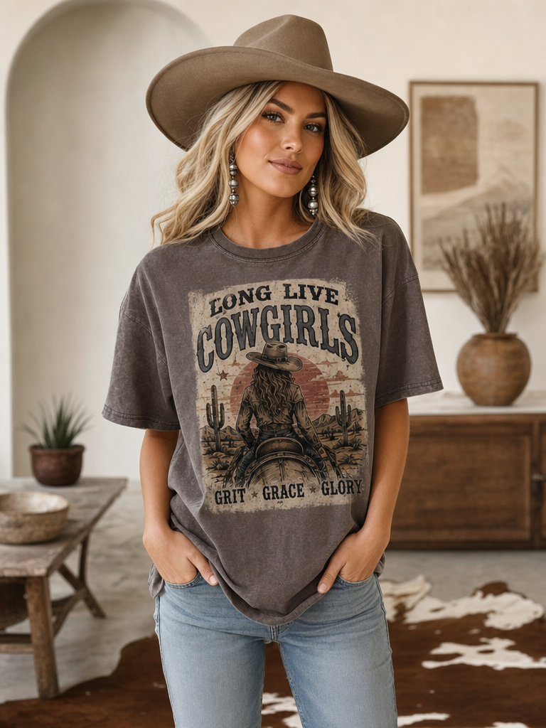 Avery Apparel Long Live Cowgirls Mineral Wash T-Shirt - Mocha
