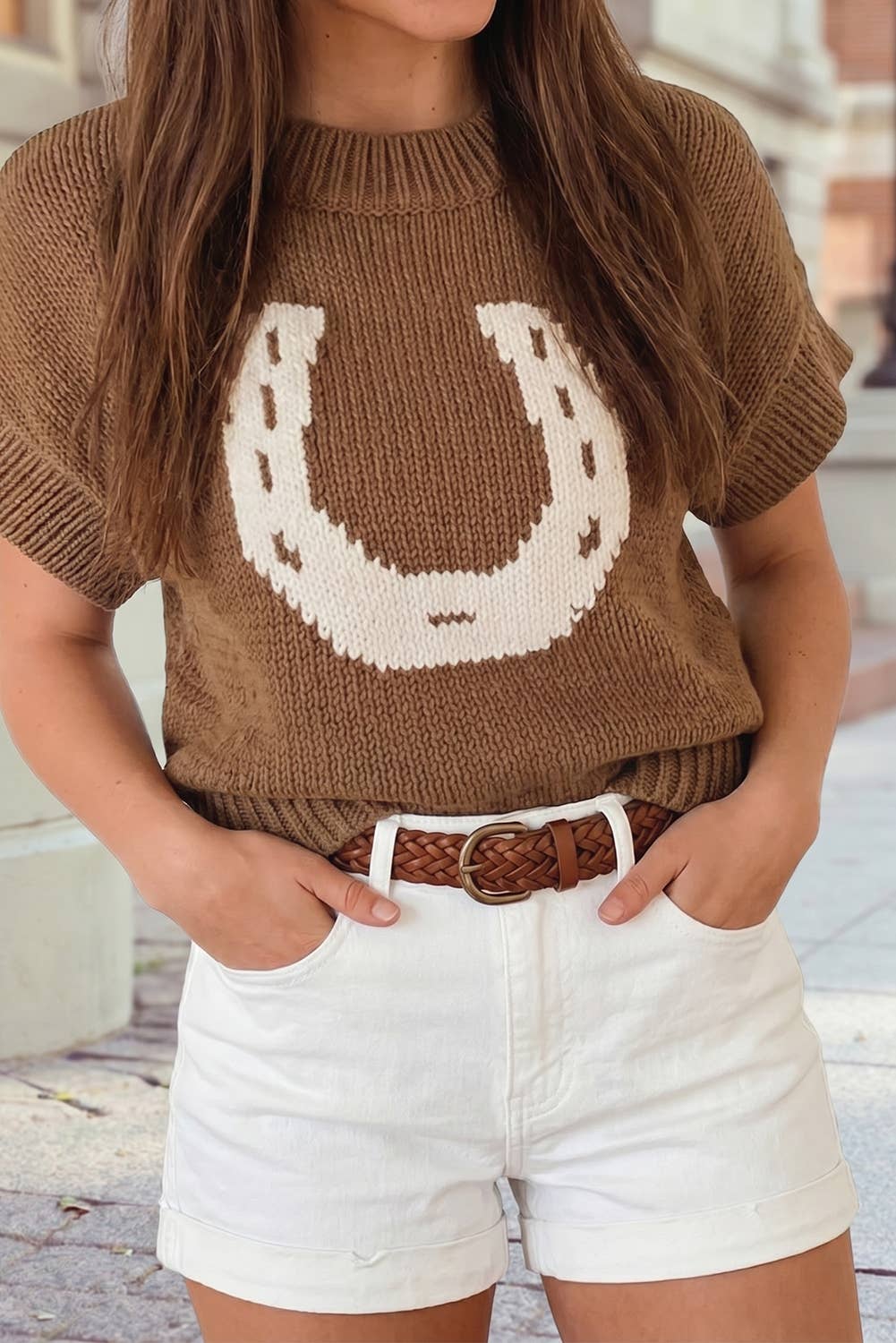 1 the Woman Western Horseshoe Pattern Soft Knit Sweater - Chestnut