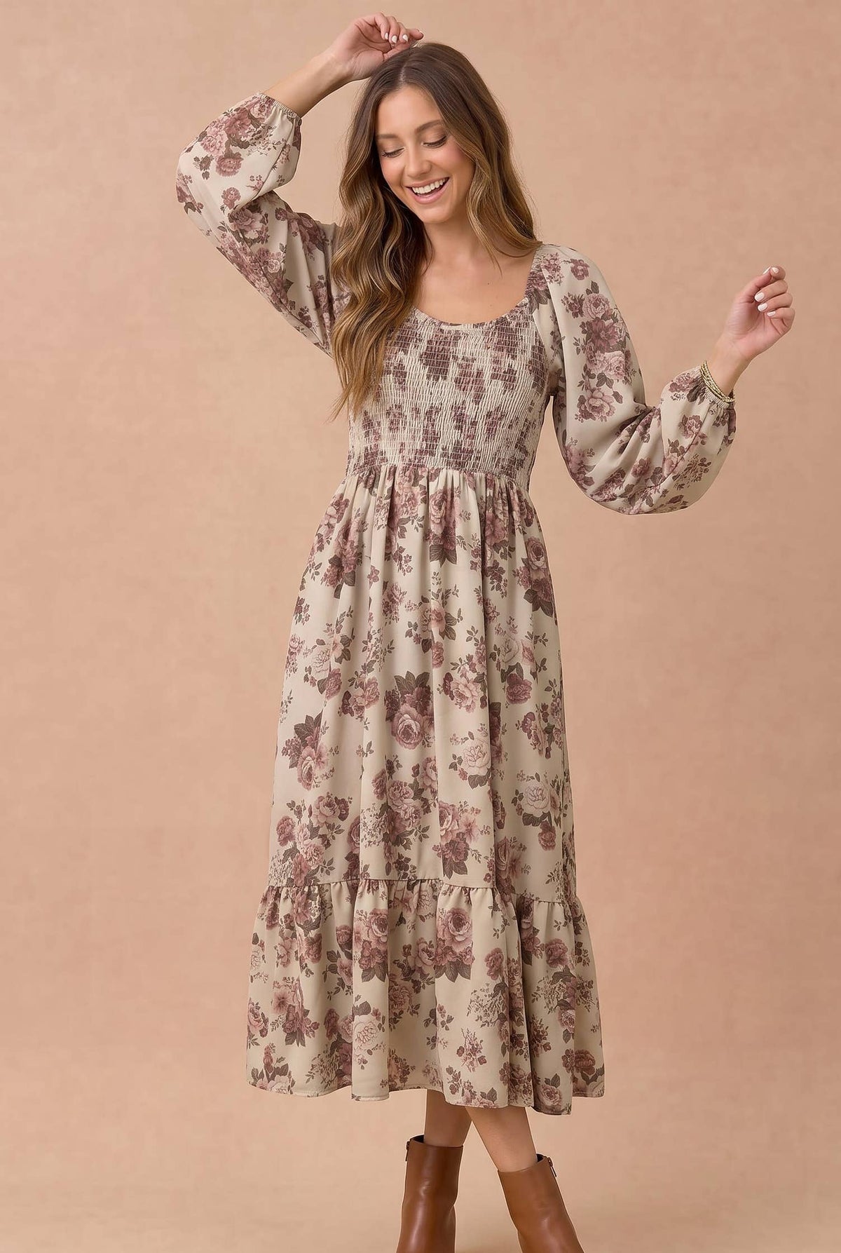 Haptics Women's Floral Smocked Tiered Midi Dress