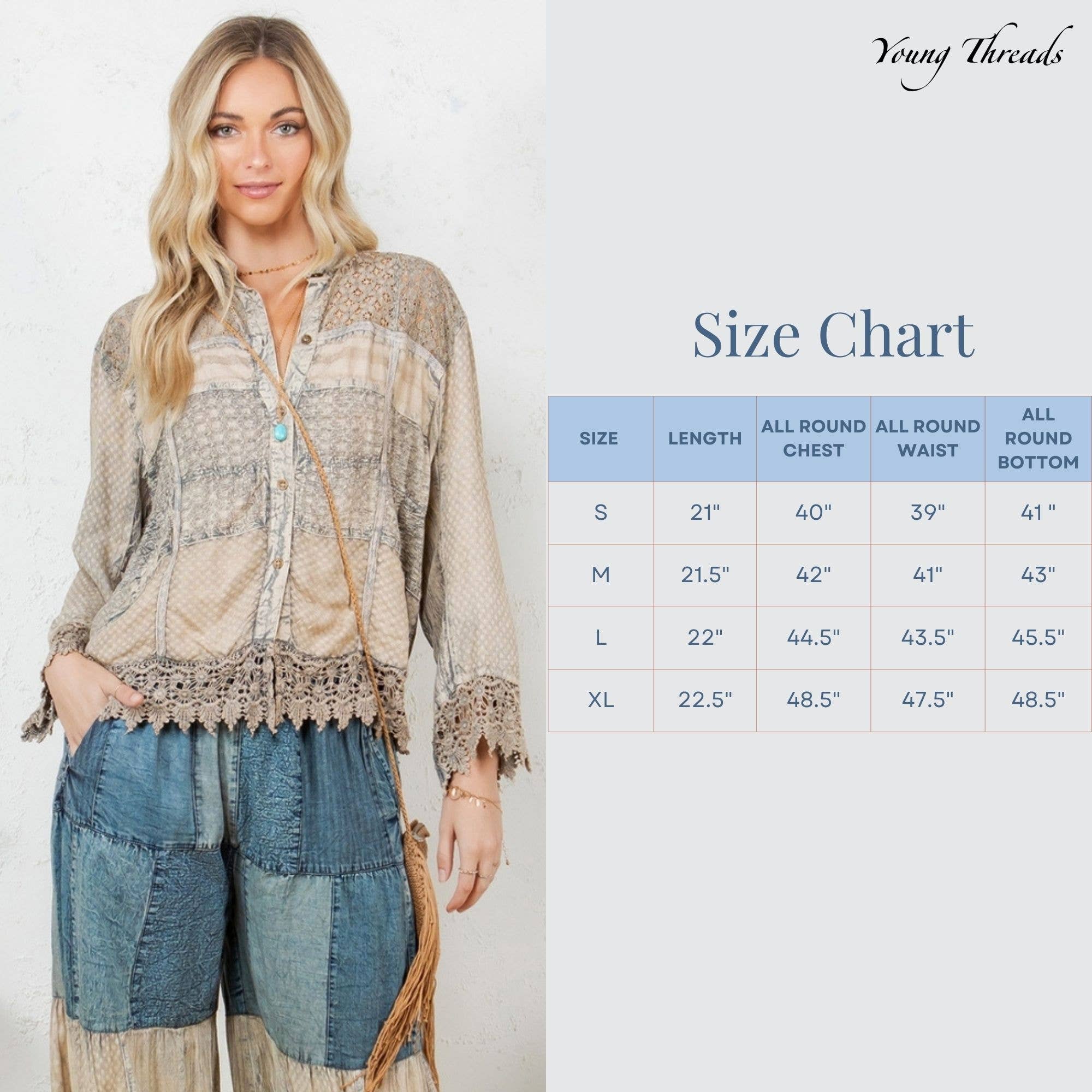 Young Threads Chic Lace Patch Shacket with White Shell Buttons - Latte