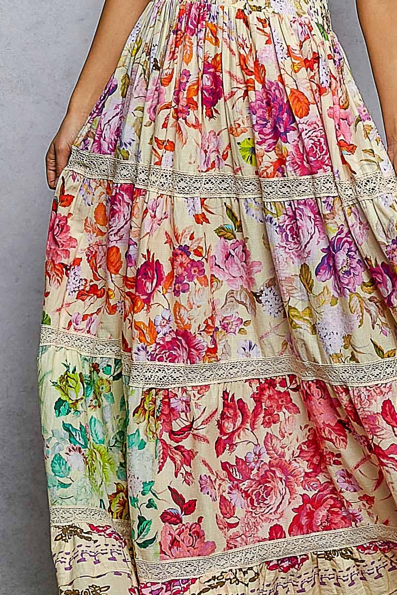Pol Feminine V-Neck Smocked Waist Ruffle Floral Maxi Dress - Cream
