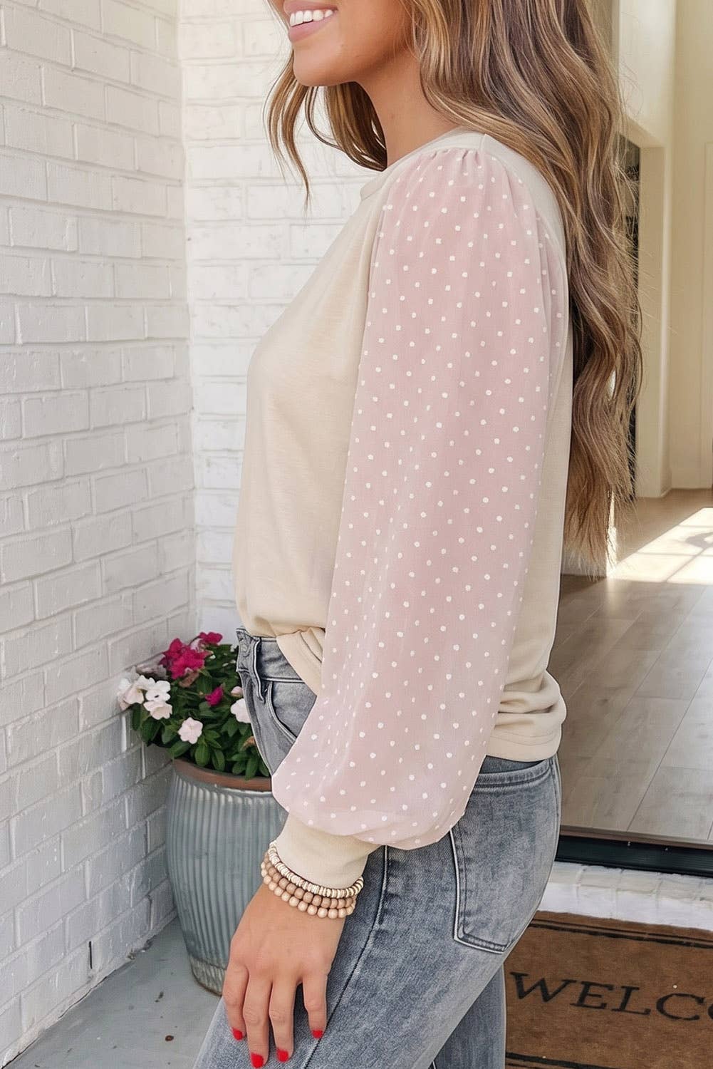 LA Society Las Polka Dot Bubble Sleeve Plus Size Blouse - Parchment