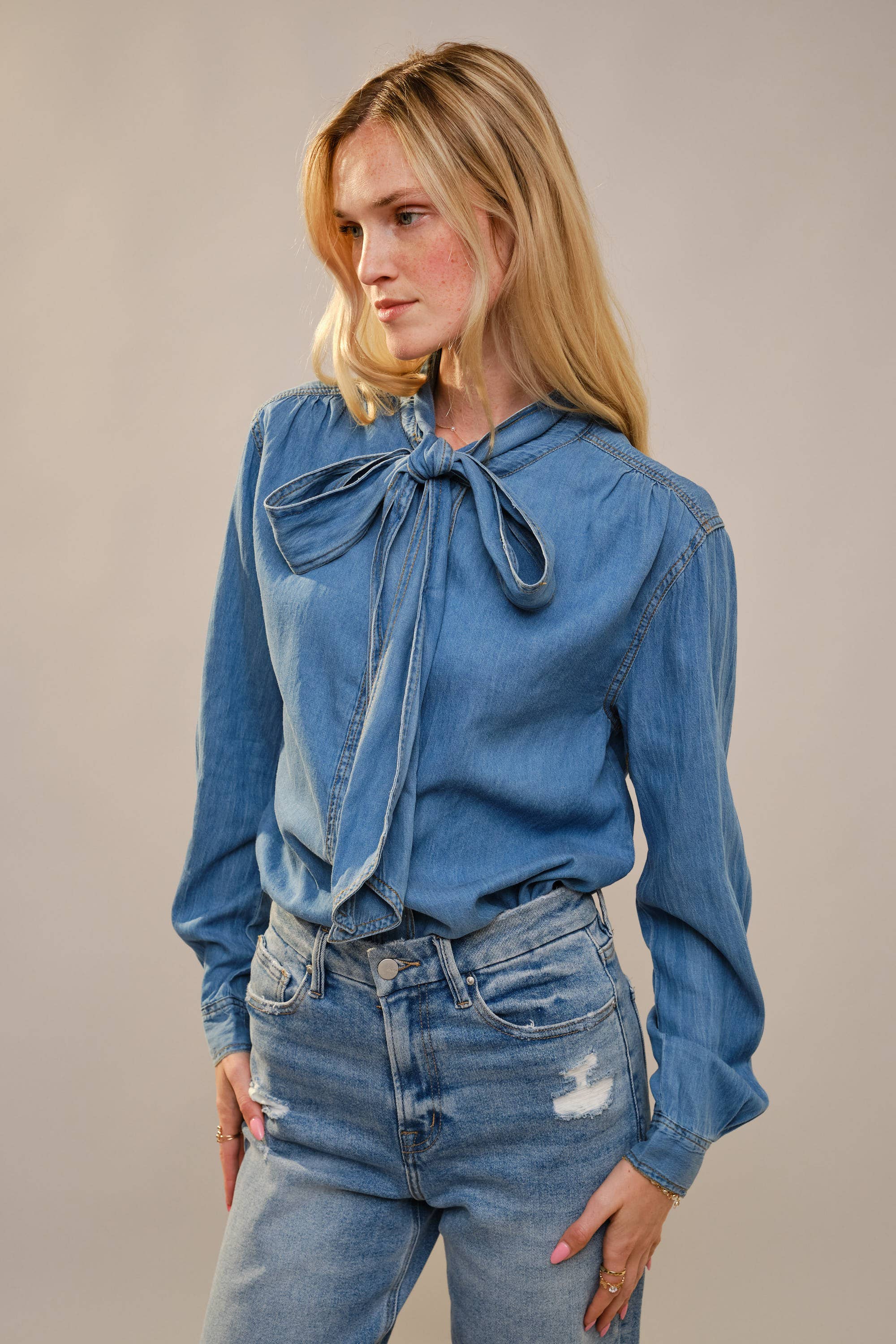 Blue B Cotton Tencel Blend Tie Neck Hidden Button Up Chambray Blouse - Medium Wash