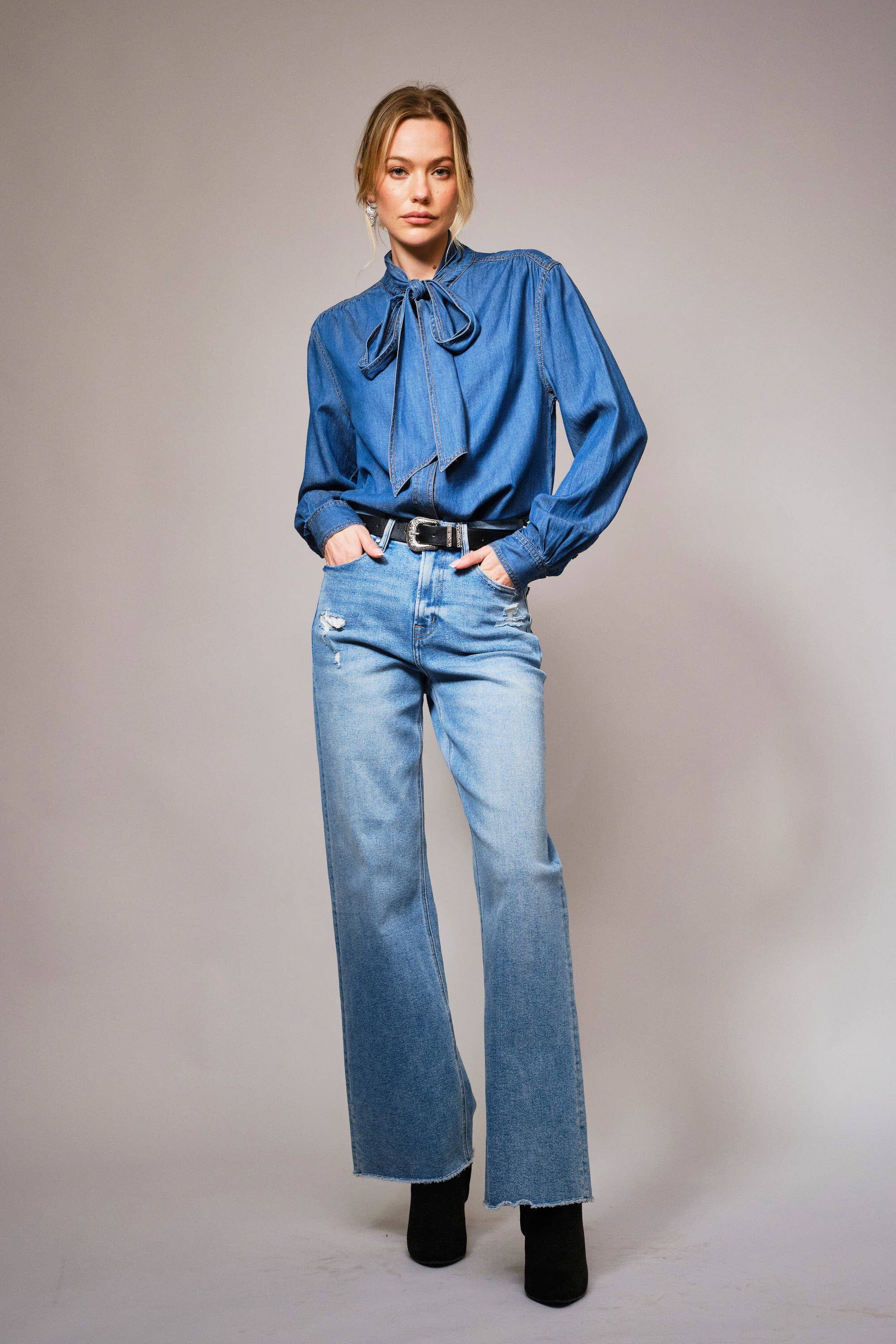 Blue B Cotton Tencel Blend Tie Neck Hidden Button Up Chambray Blouse - Medium Wash