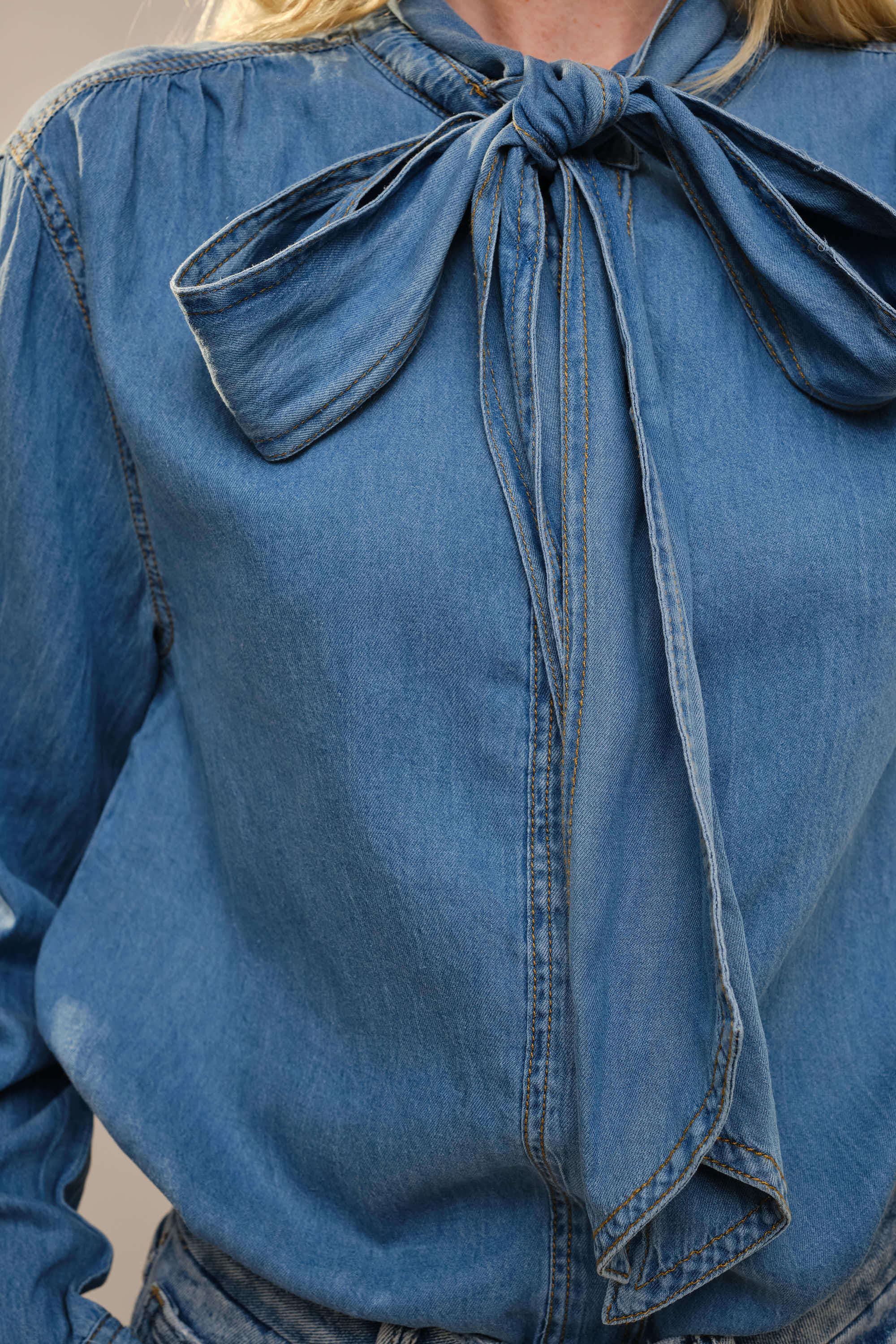 Blue B Cotton Tencel Blend Tie Neck Hidden Button Up Chambray Blouse - Medium Wash