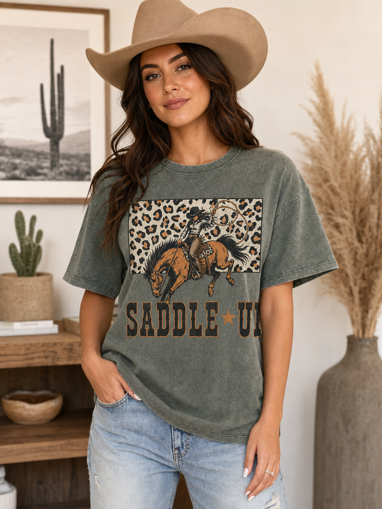 Avery Apparel Saddle Up Cowgirl Graphic Mineral Wash T-Shirt - Army Green
