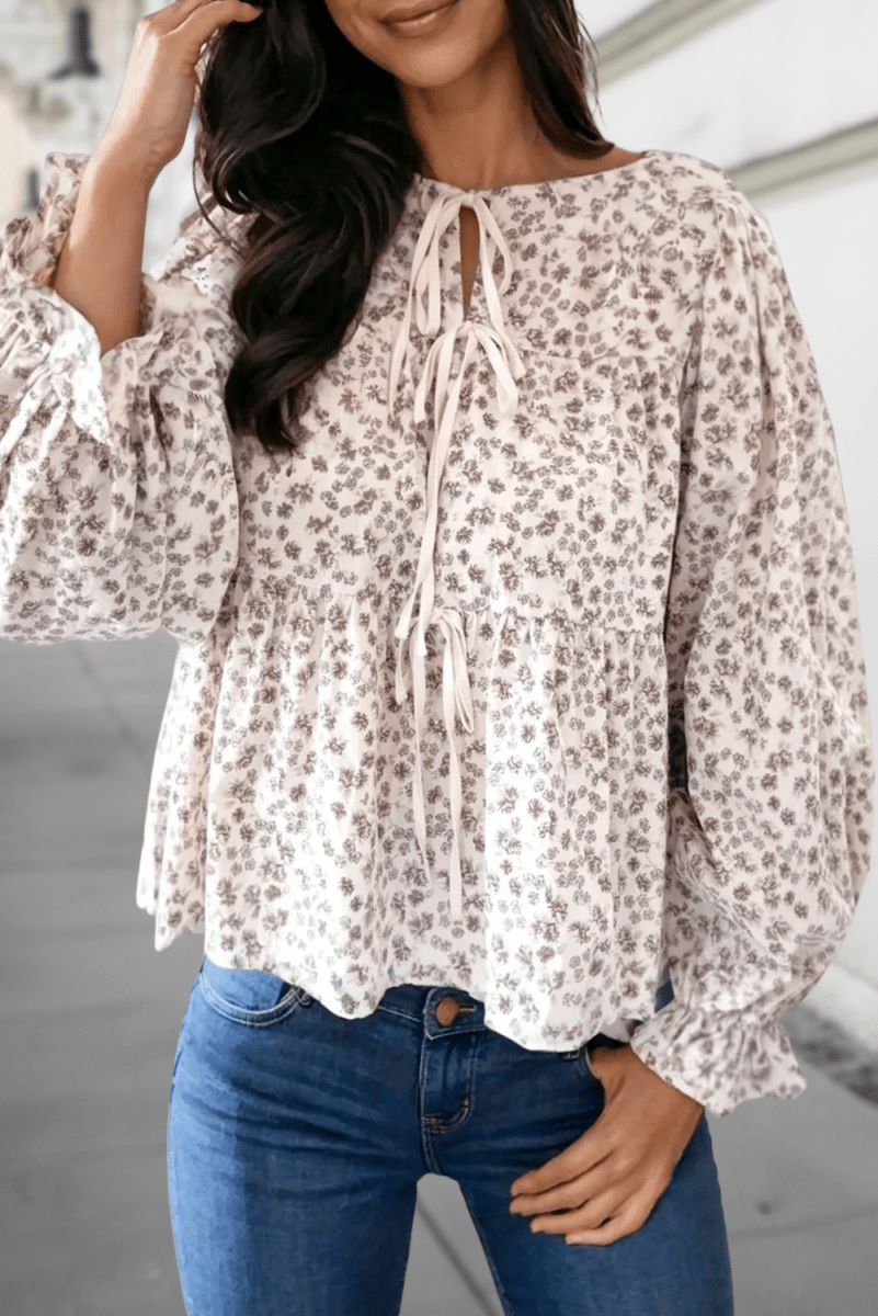 Floral Print Long Sleeve Ruffle Babydoll Blouse White - APLA25135270-P120-S
