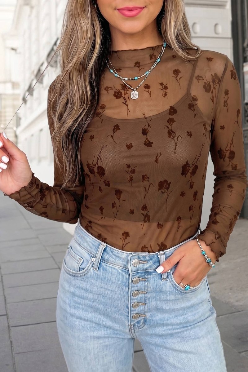 Apparella Floral Print Long Sleeve Mock Neck Casual Mash Top - Apricot - APLA25138193-P1820-S